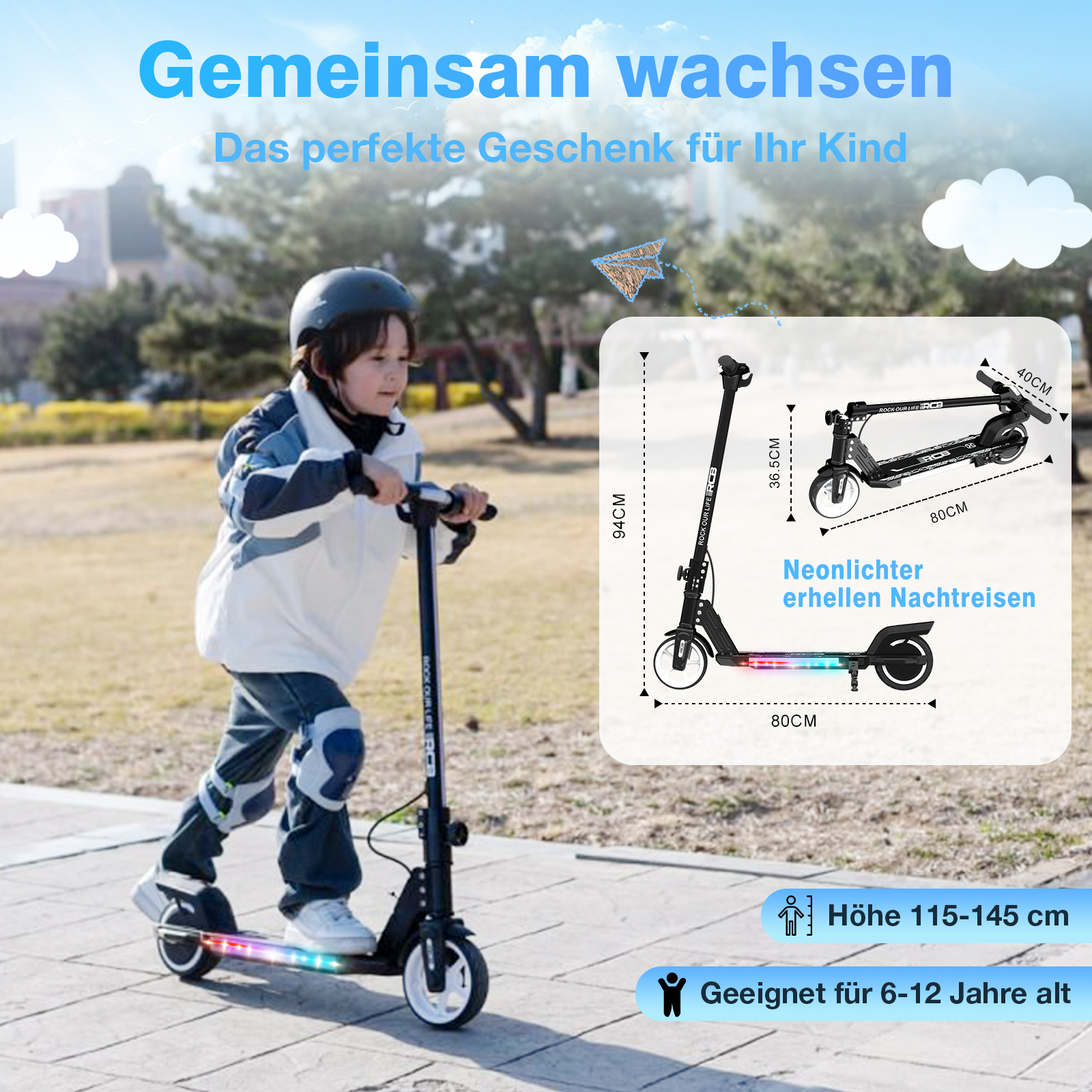 Junge auf Roller mit Helm, anderer Roller mit Maßen. Text: Gemeinsam wachsen, Neonlichter.