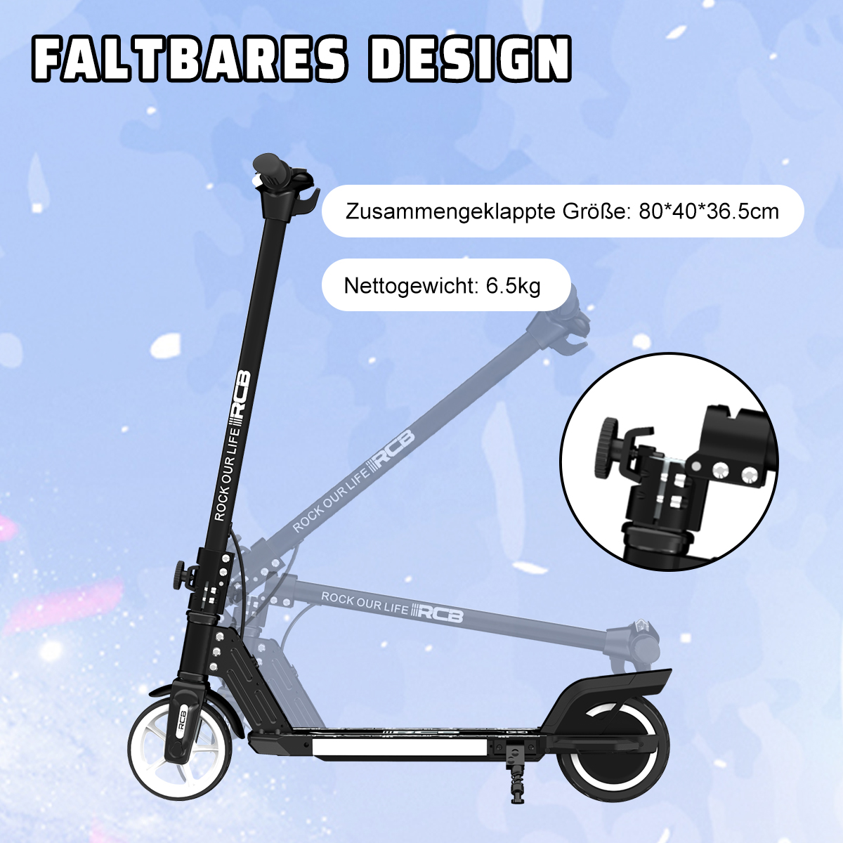 Czarny, składany skuter. Skuter jest pokazany złożony i rozłożony, podkreślając jego kompaktowy rozmiar.