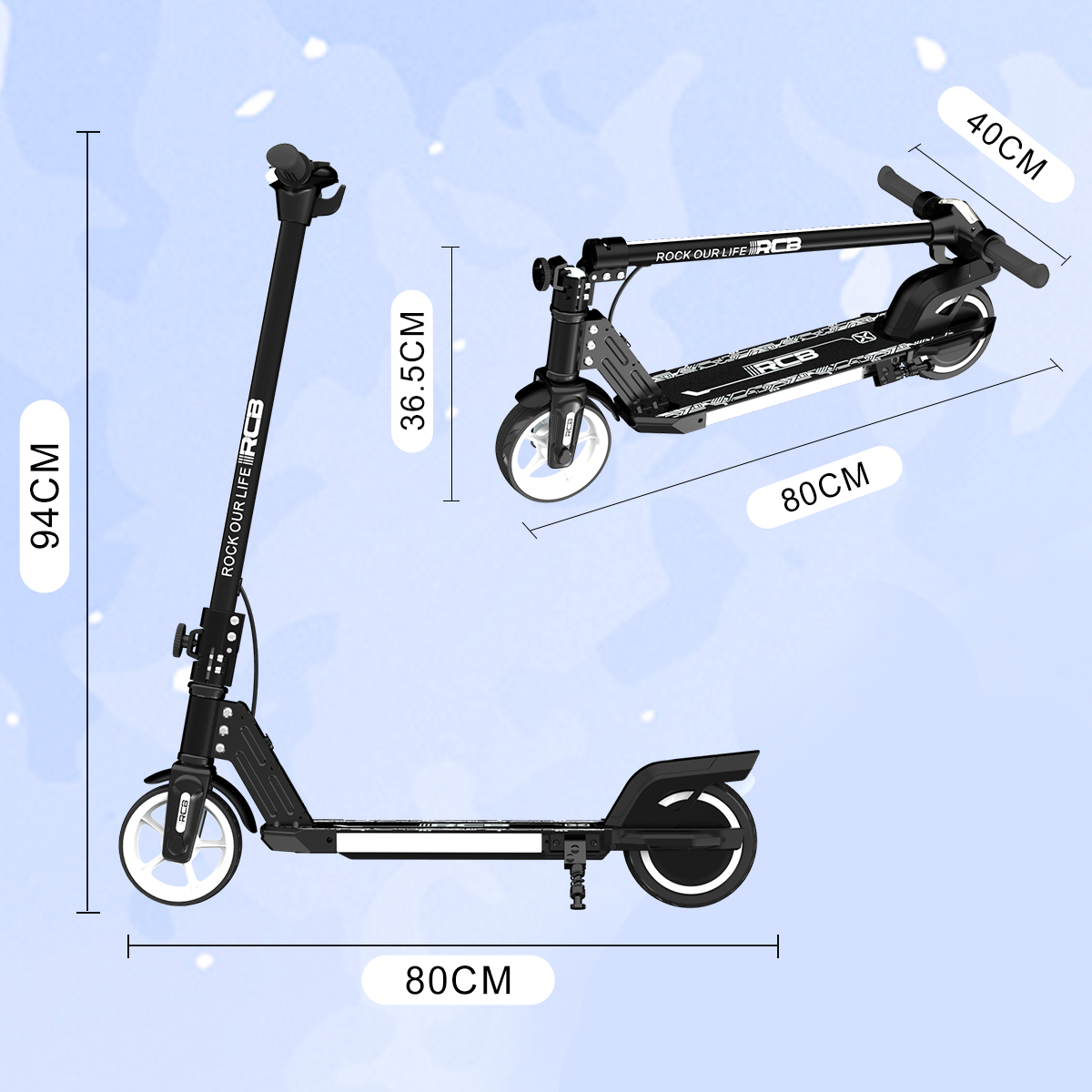 Różne czarne skutery. Podano wymiary skutera i złożonego skutera. Dwa skutery na trawie.
