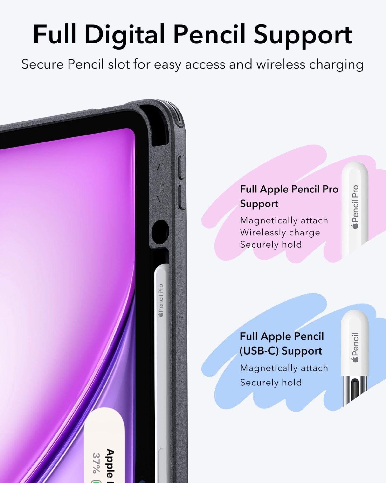 Nahaufnahme einer iPad-Hülle mit einem Apple Pencil Pro und einem USB-C Pencil, Beschreibungen.