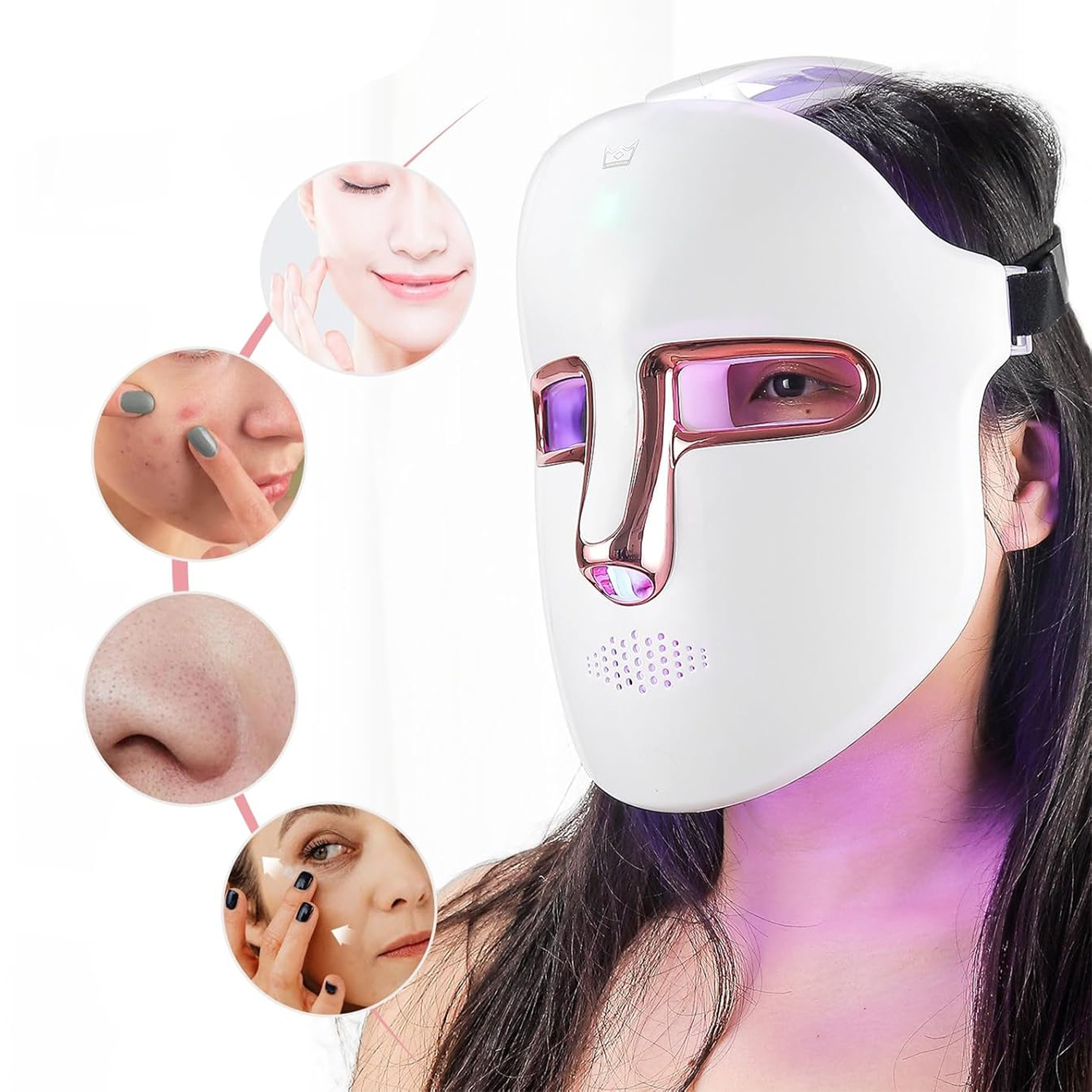 Una maschera facciale bianca con luci rosa e viola. La maschera è sul viso di una donna con immagini ravvicinate.