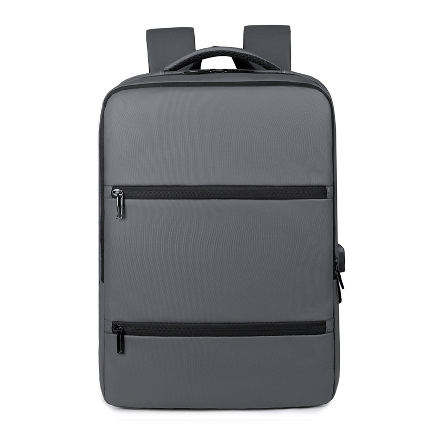Uno zaino grigio con due tasche frontali con zip e una porta USB.