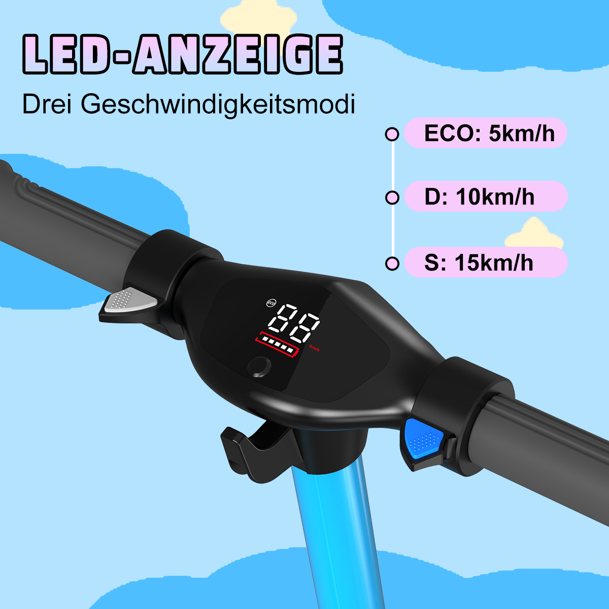 Wyświetlacz na kierownicy skutera pokazujący ustawienia prędkości: ECO, D i S. Liczby i czerwona linia.