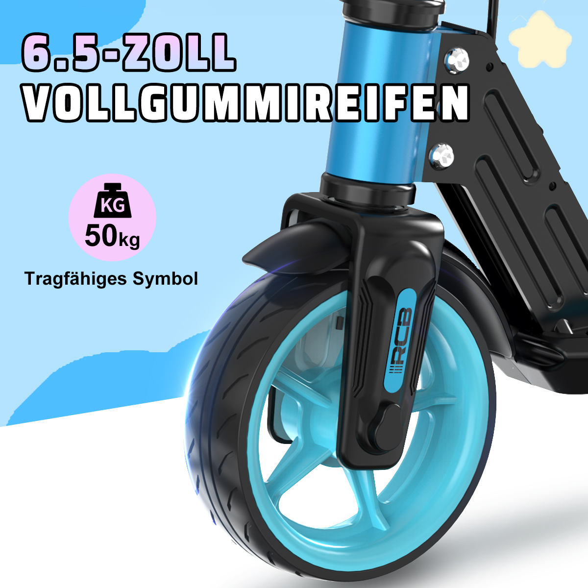 Zbliżenie na koło skutera. Koło ma niebieską obręcz i czarną oponę z tekstem. Tekst jest po niemiecku.