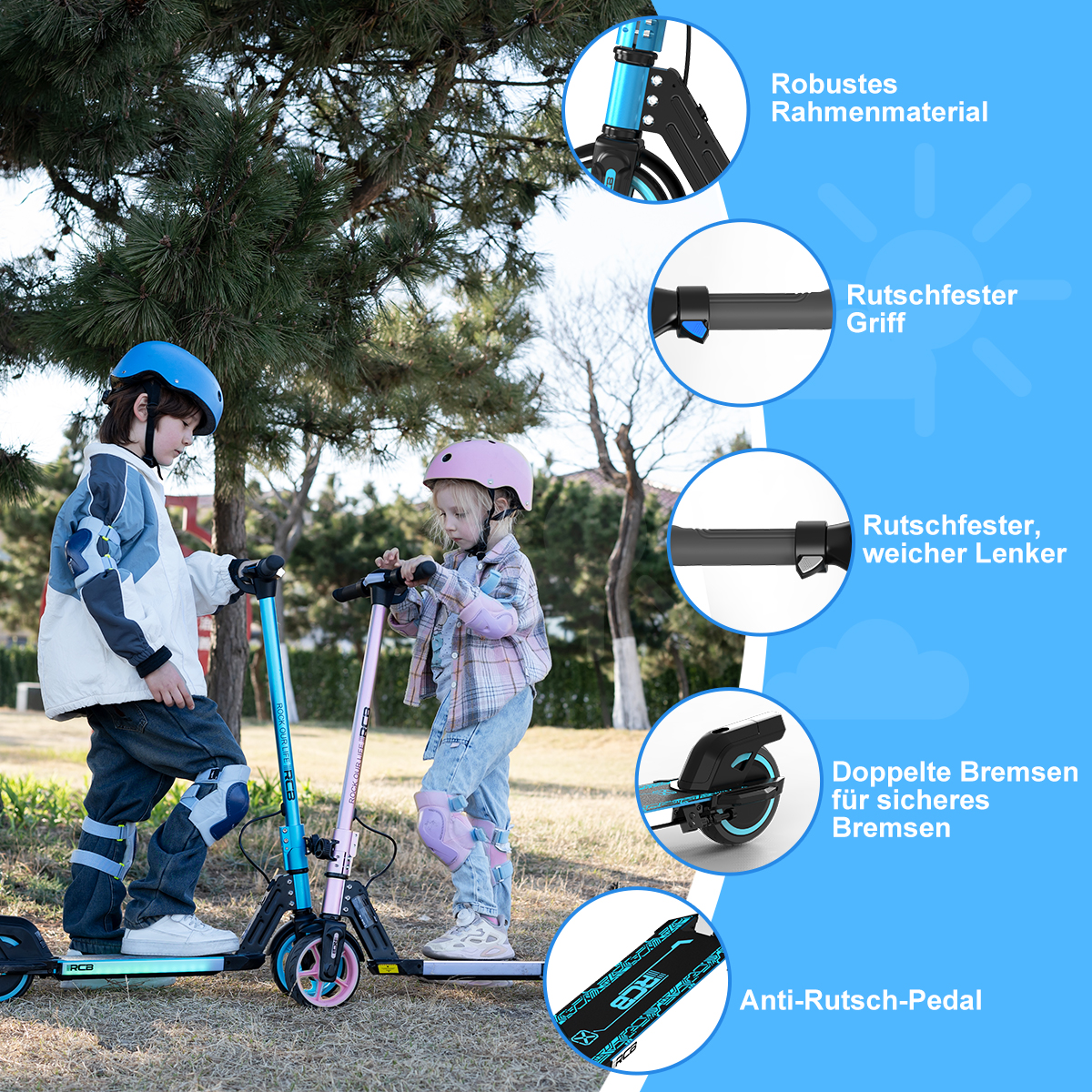 Dwoje dzieci z hulajnogami. Jeden niebieski i różowy. Tekst: Solidny materiał ramy, Antypoślizgowy pedał.