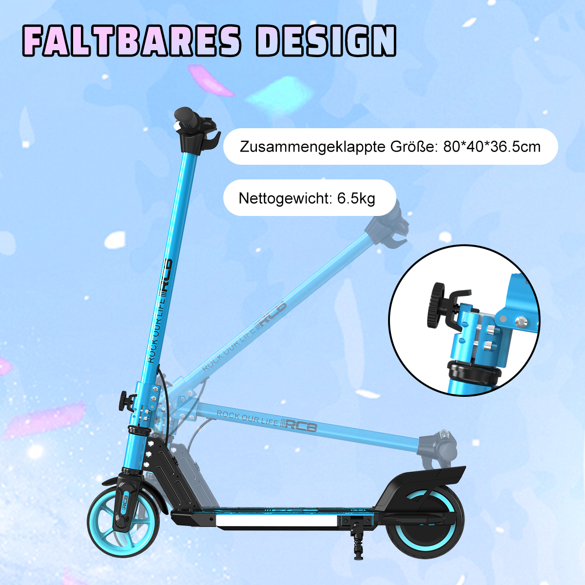 Niebieska składana hulajnoga z tekstem i zbliżeniem mechanizmu składania.