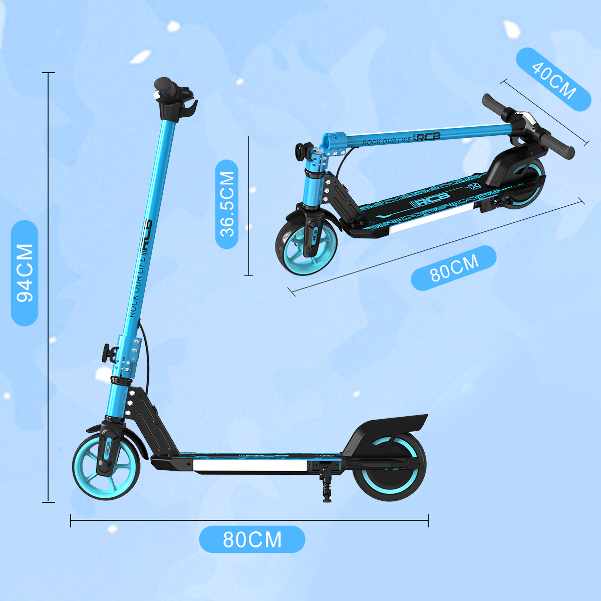 Niebieska hulajnoga, wyświetlana z dwóch perspektyw, pokazująca wymiary i szczegóły.