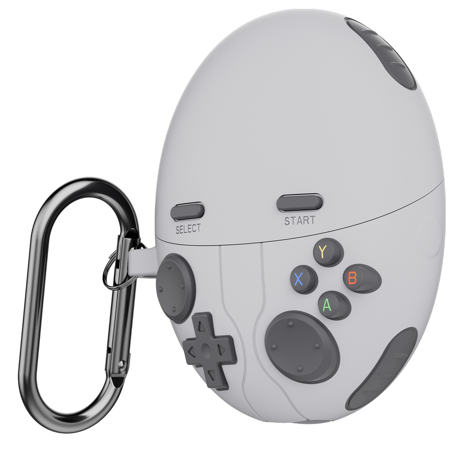 Un controller di gioco bianco a forma di uovo con pulsanti grigi e un moschettone argentato.