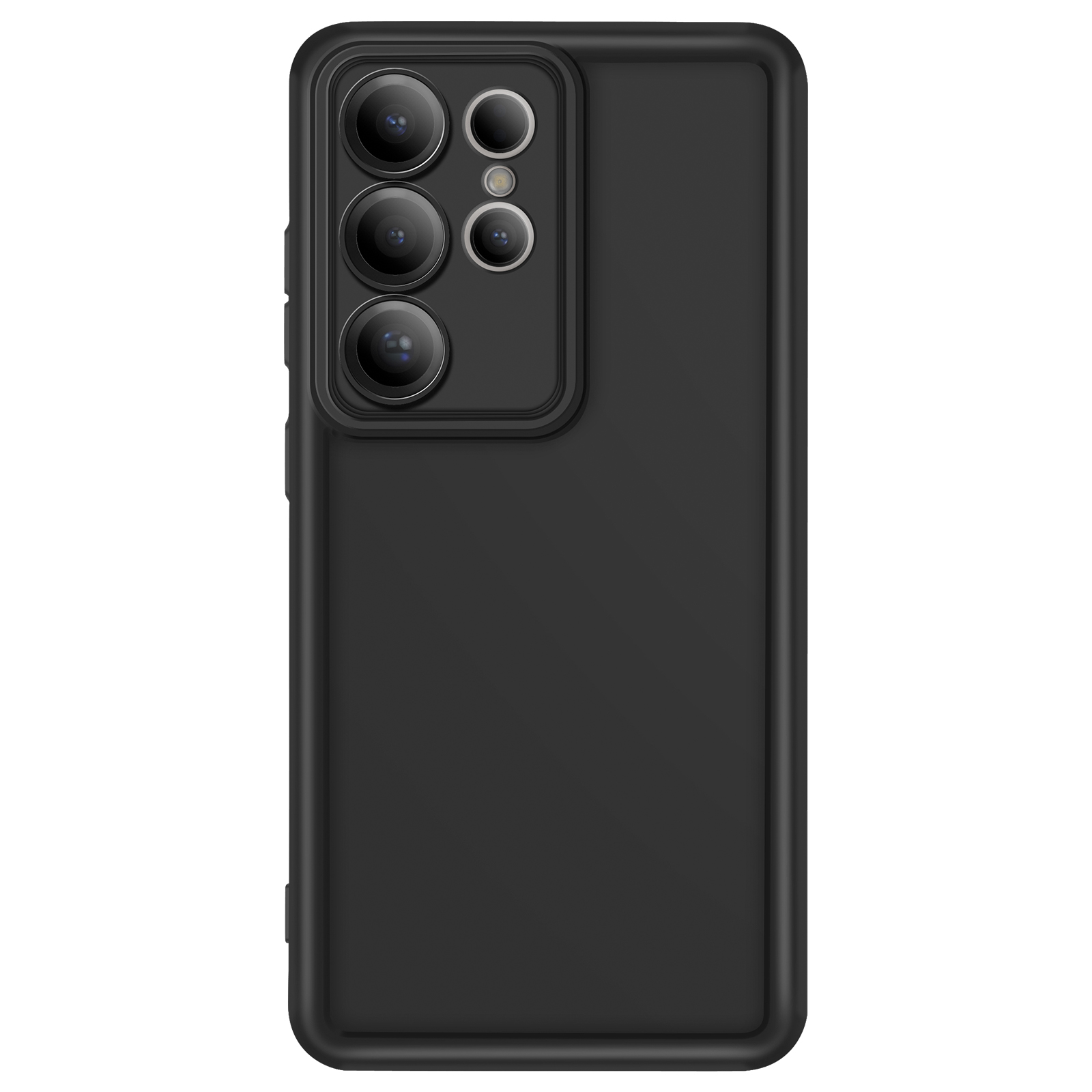 Una custodia per telefono nera con tre fotocamere, su sfondo bianco.