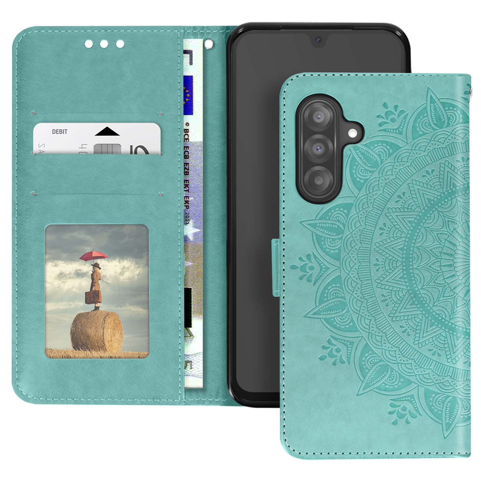 Eine teal Handyhülle ist geöffnet und zeigt ein schwarzes Handy mit Geld und einem Bild. Die Hülle hat ein Mandala-Muster.