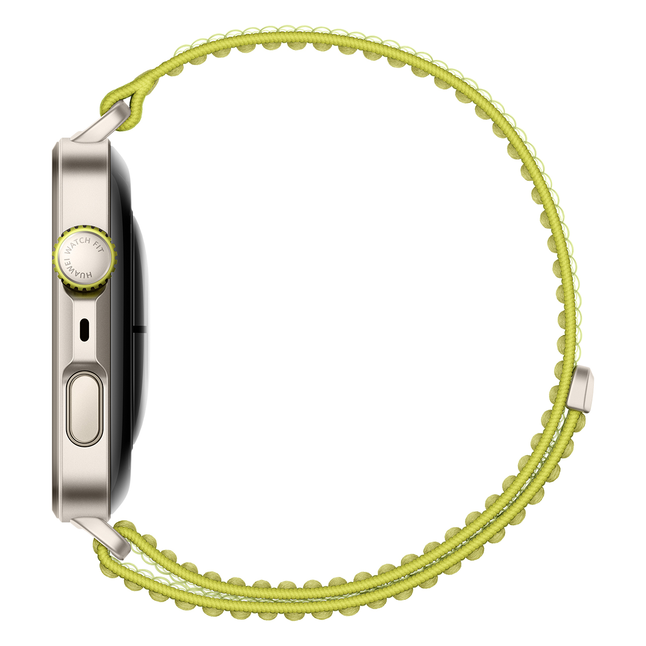 Vista lateral de un reloj inteligente con correa verde. Reloj color dorado.