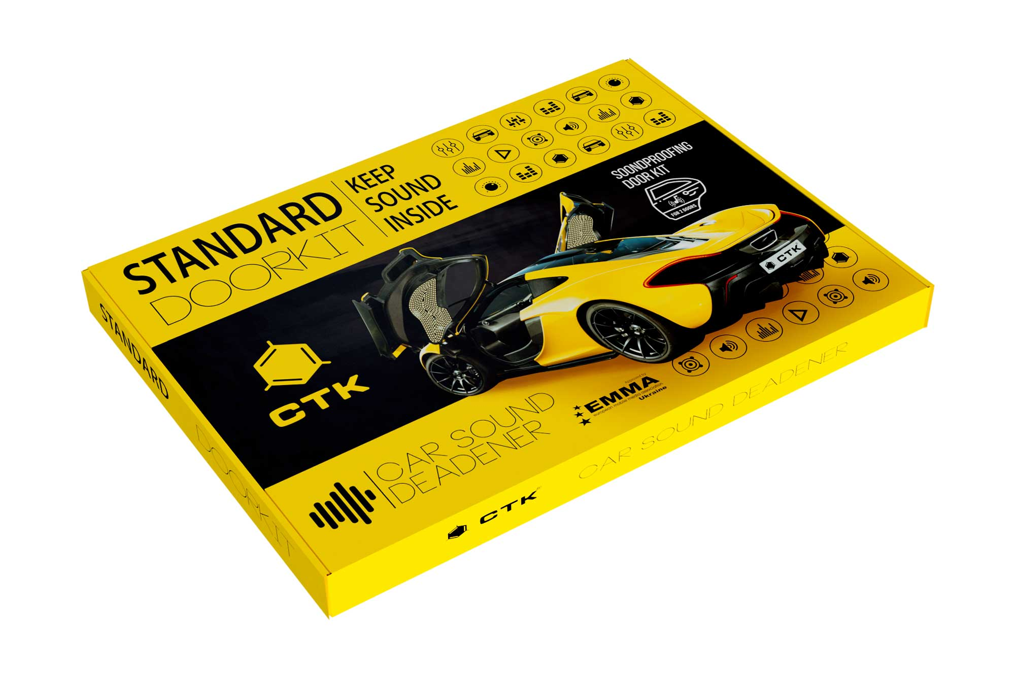 Gelb-schwarze Box mit gelbem Sportwagen, beschriftet mit 'CTK' und 'Standard Door Kit'.