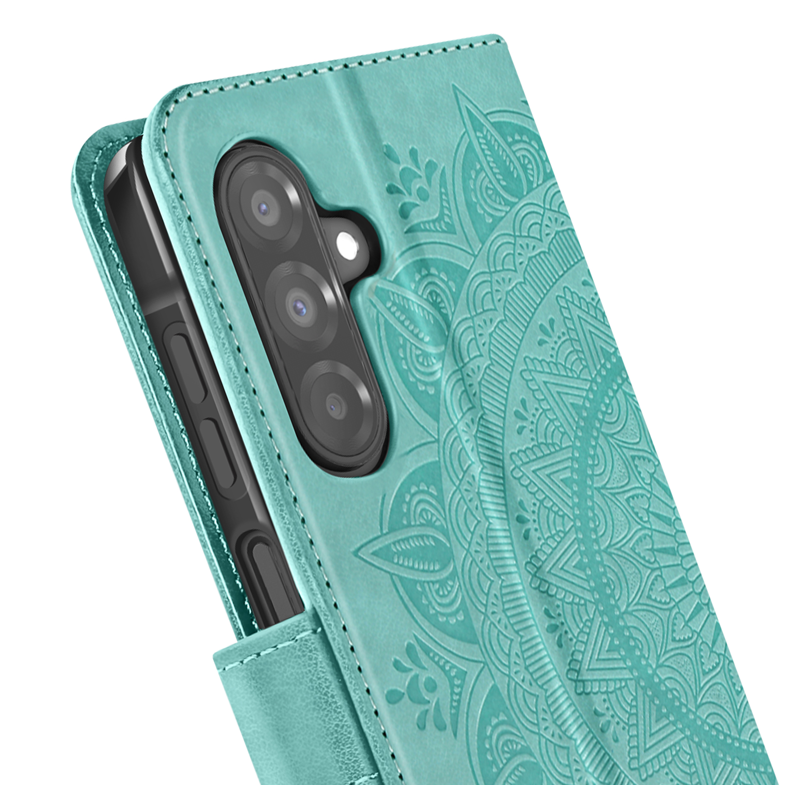 Türkisfarbene Handyhülle mit Mandala-Design, teilweise geöffnet, zeigt Kamera und Telefon.