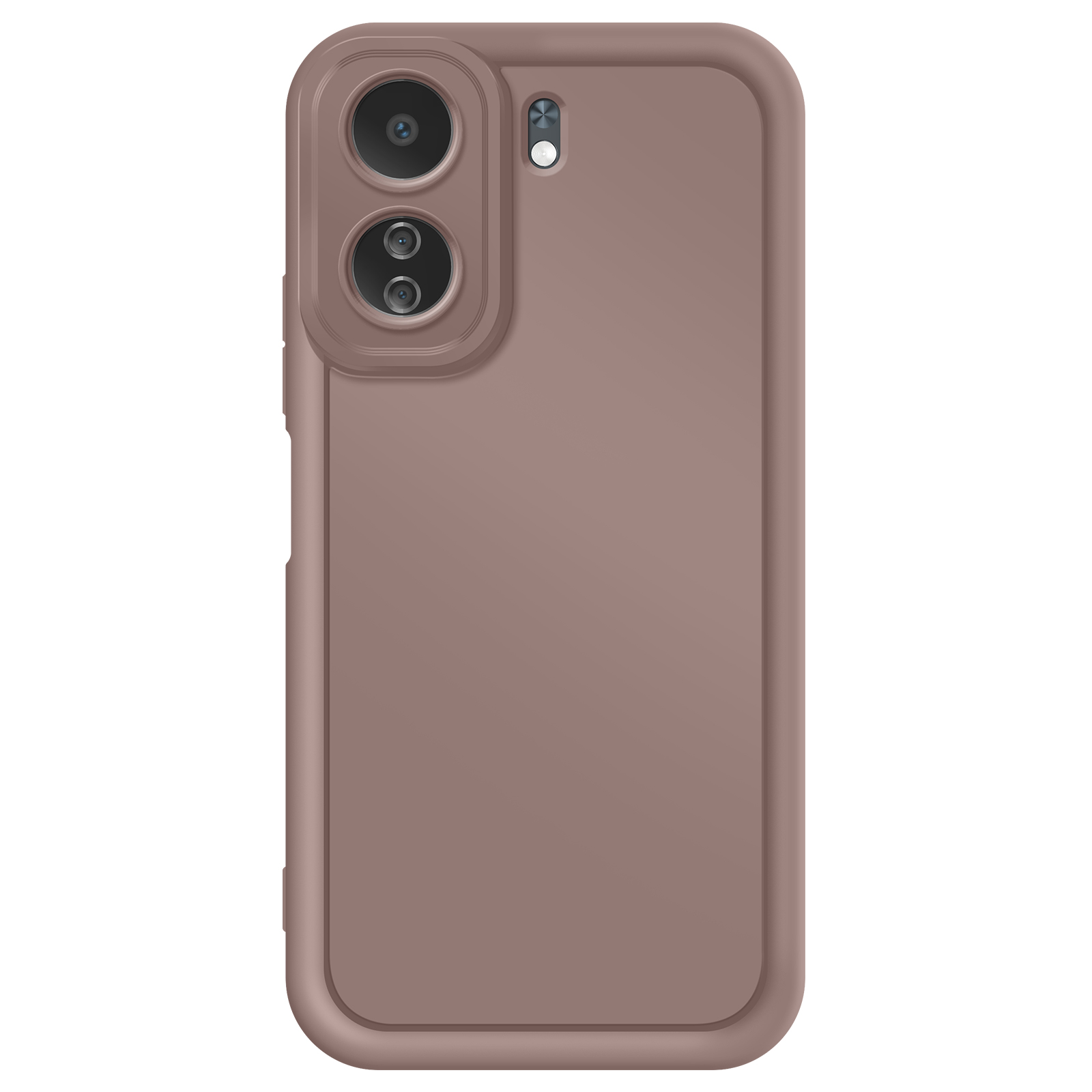 Custodia per telefono marrone con due lenti della fotocamera e un flash, su una superficie bianca.