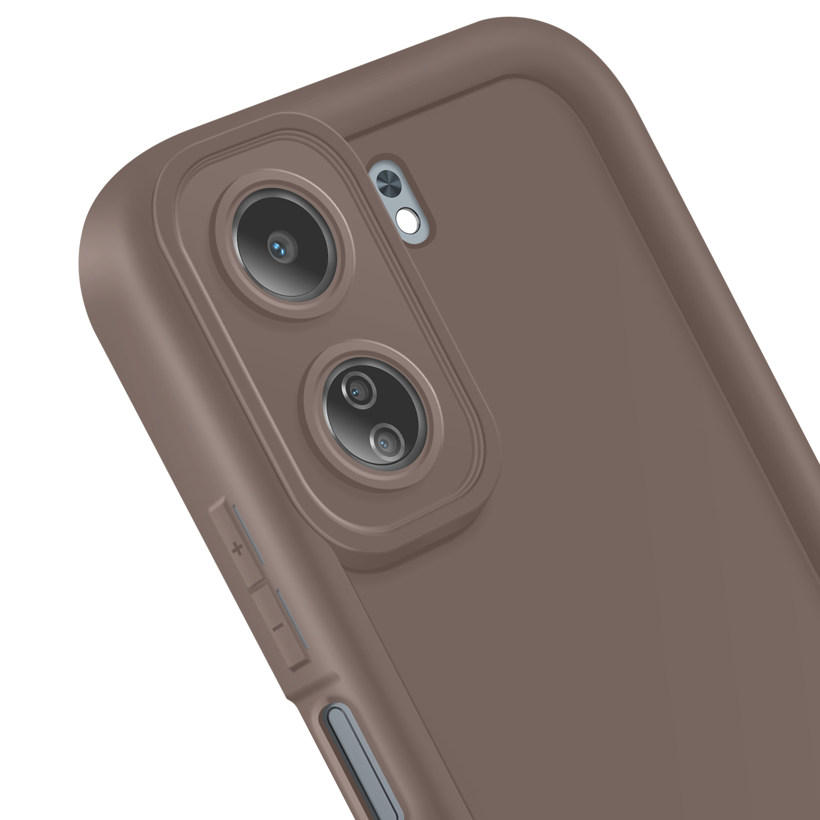 Primo piano di una custodia per telefono, che mostra la fotocamera e i pulsanti. La custodia è marrone.