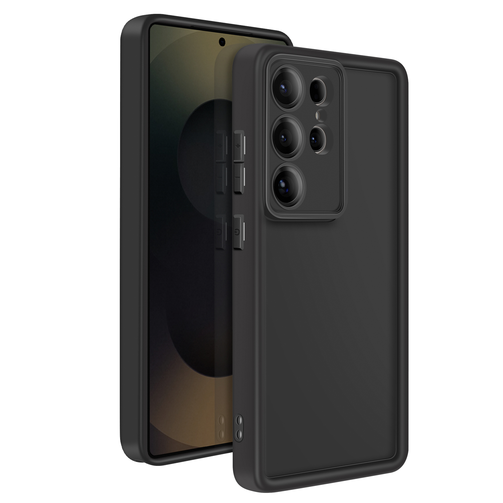 Telefono nero in custodia nera, con schermo visibile.