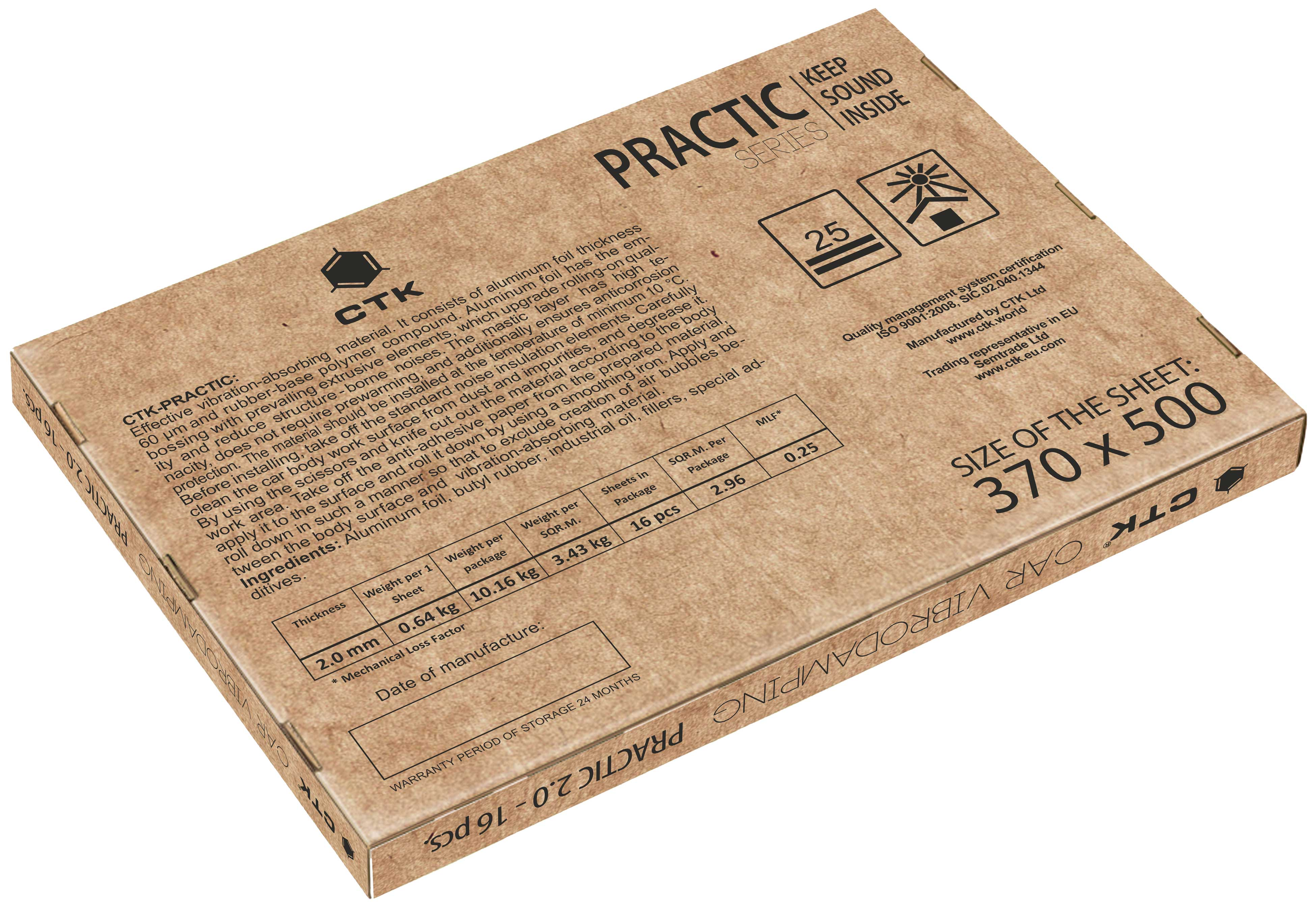 Pappe mit Text: CTK Practic, Car Vibrodamping, 370x500mm, 2,0mm dick.