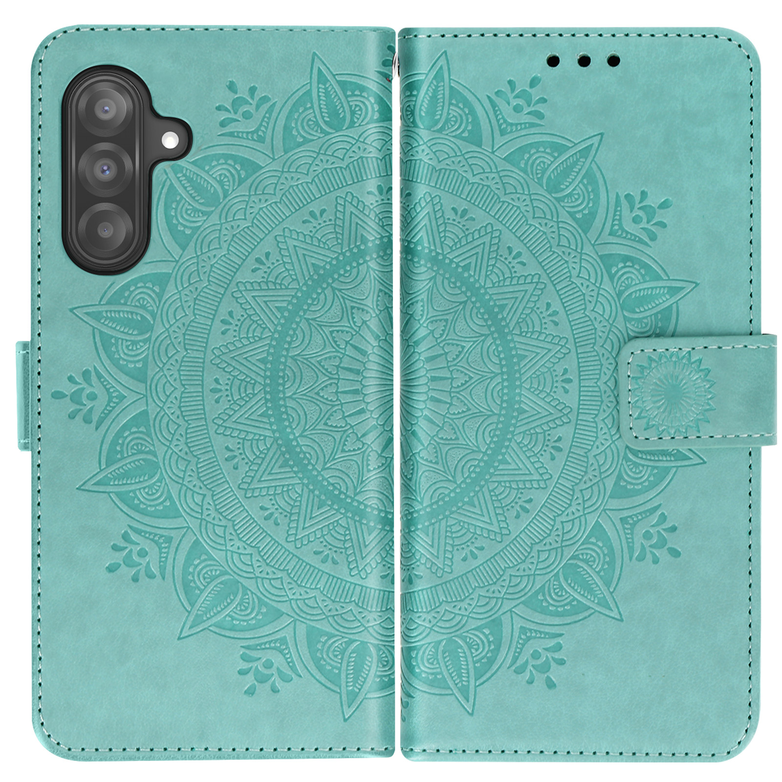 Türkisfarbene Handyhülle, geprägtes Mandala-Design, mit Telefon. Geöffnet, mit Verschluss.