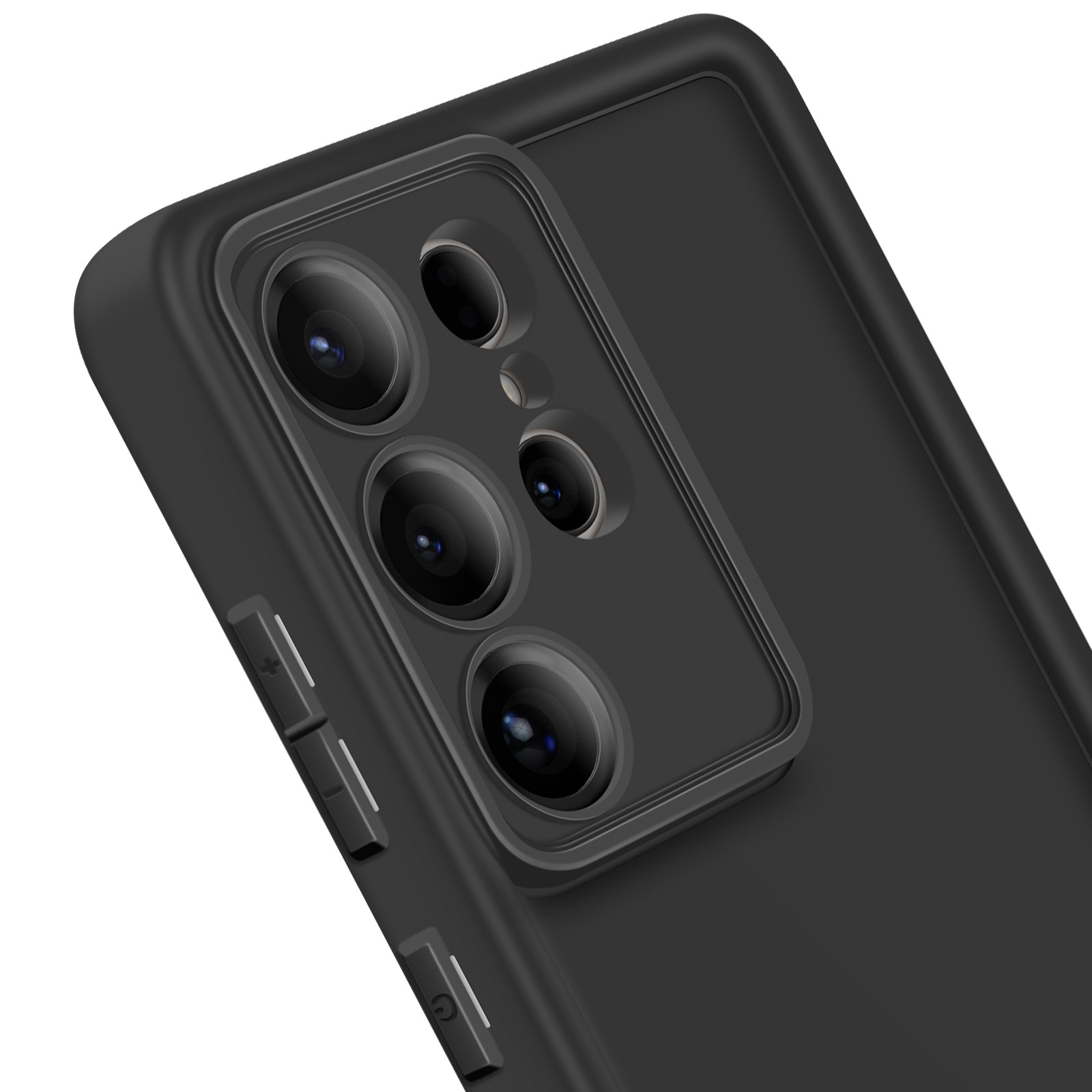 Primo piano di una custodia nera per telefono con una fotocamera multi-obiettivo.