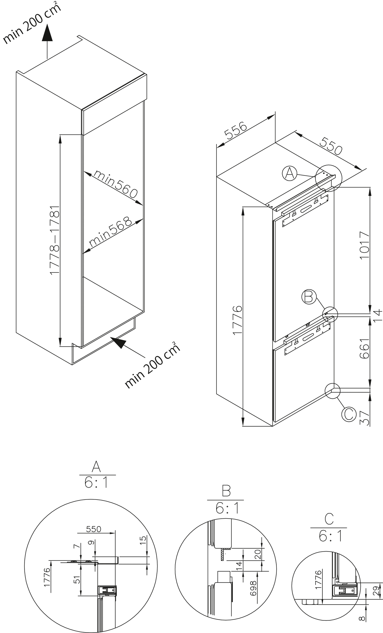 Technische Zeichnung eines Kühlschranks mit Maßen und Details.