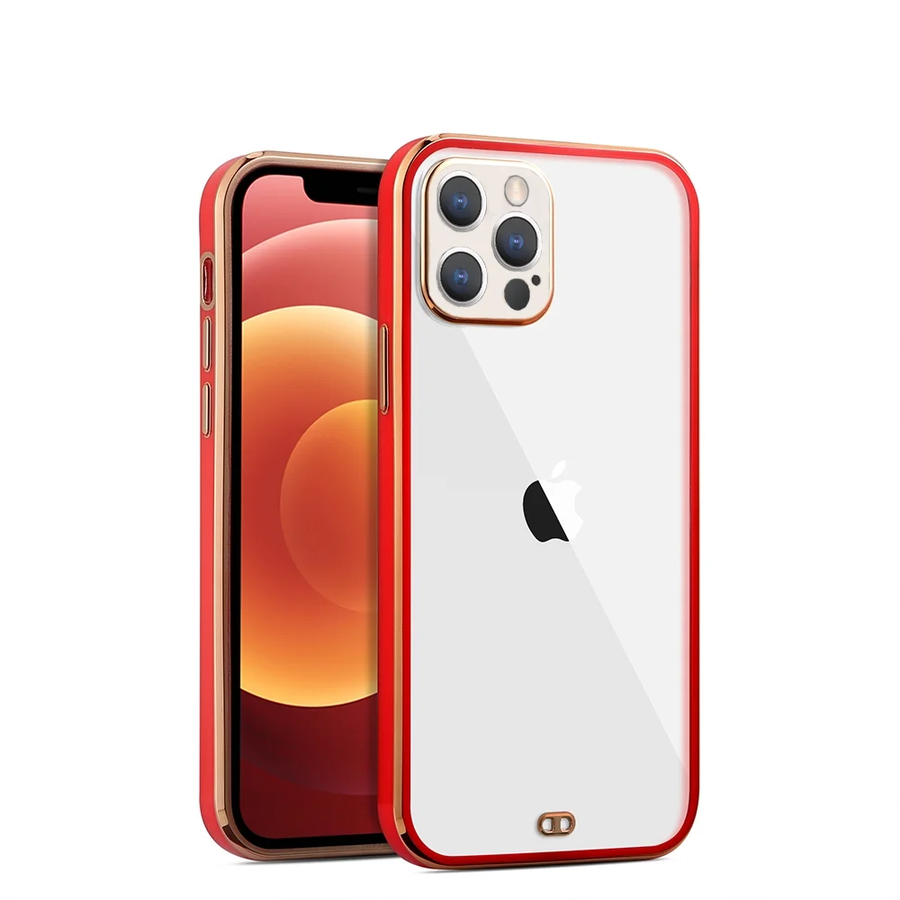 Una custodia per telefono con bordo rosso e retro trasparente, che mostra un telefono. Ha un bordo color oro e un logo a forma di mela nero.