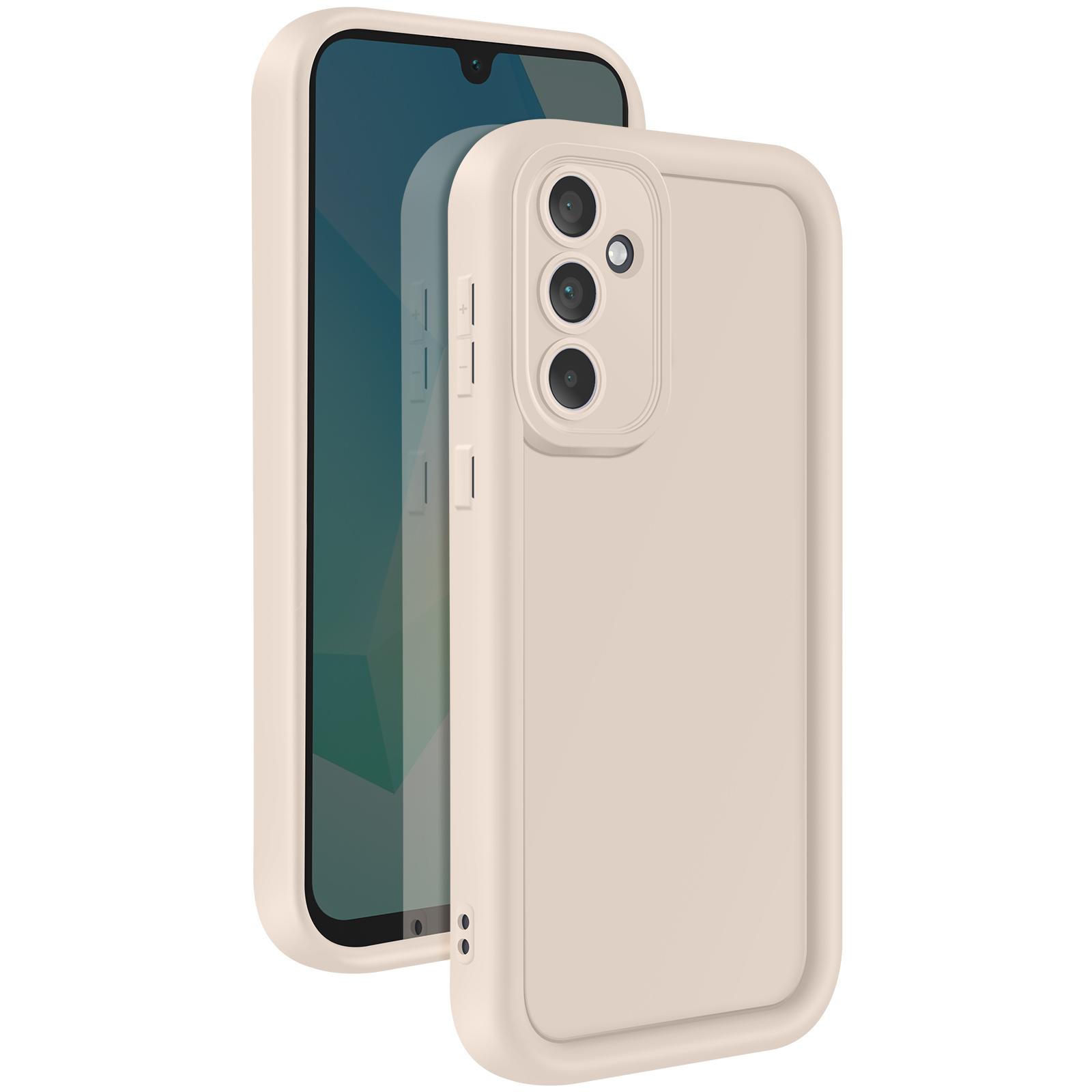 Una custodia per telefono di colore beige chiaro, con un telefono all'interno. La custodia ha un ritaglio per la fotocamera e una finitura liscia.