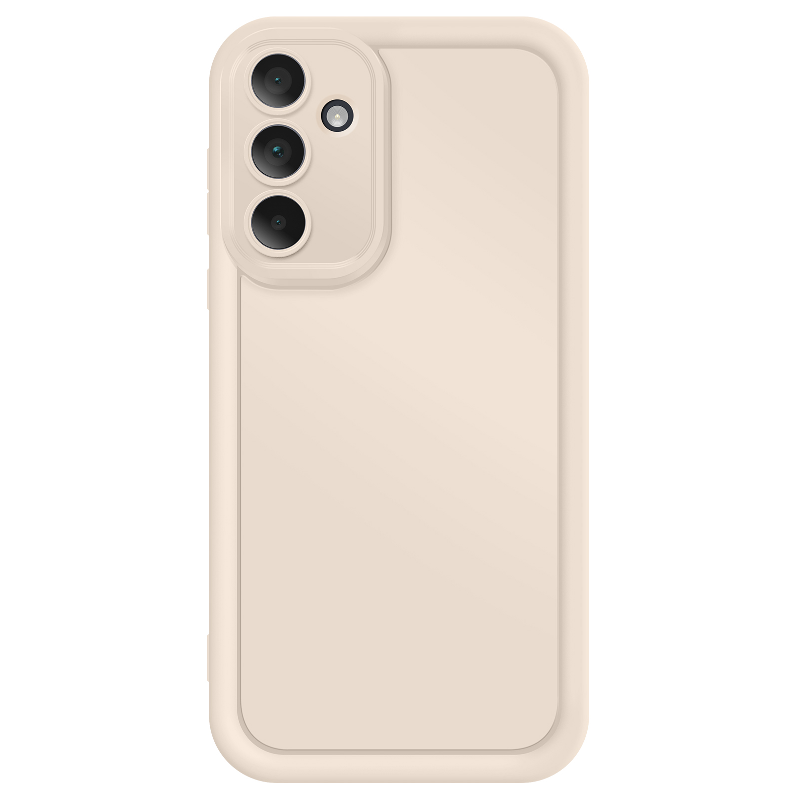 Custodia beige per telefono con tre obiettivi fotografici sul retro.