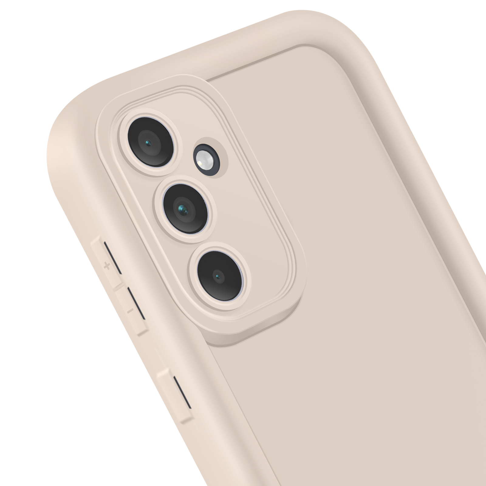 Primo piano di una custodia per telefono beige con tre obiettivi.