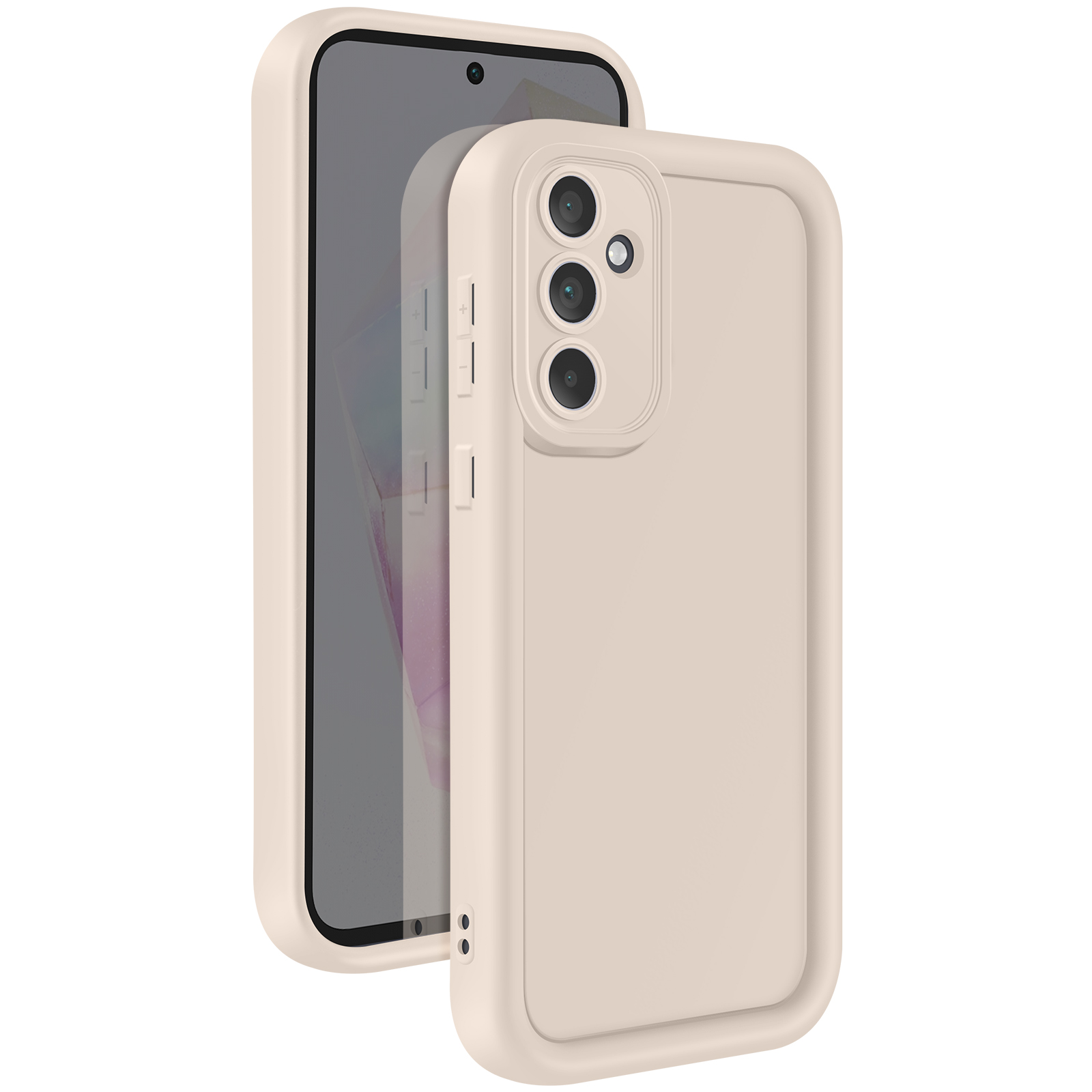 Uno smartphone con una custodia beige e una protezione per lo schermo.