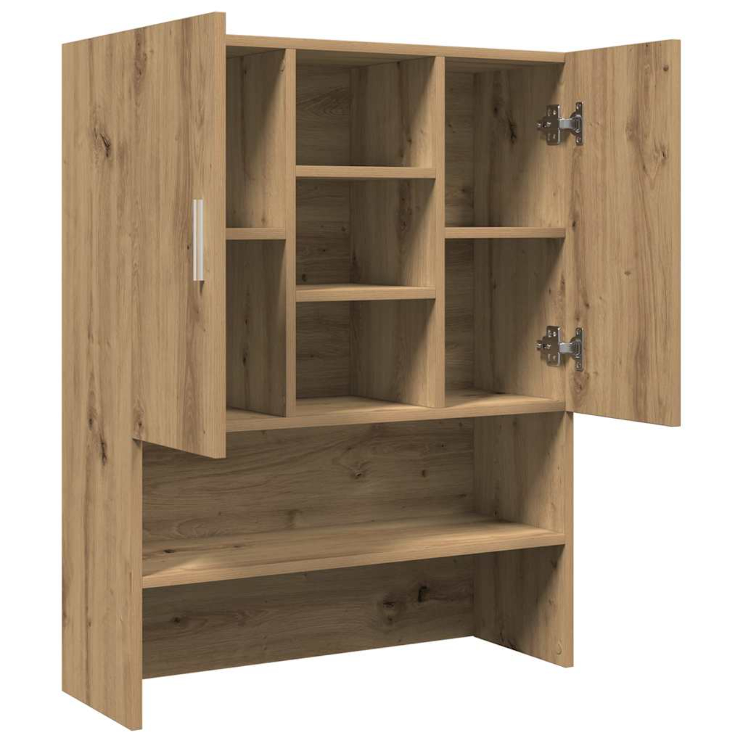 Ein Holzschrank mit offenen Regalen und Türen, der verschiedene Fächer und einen hellen Griff zeigt.