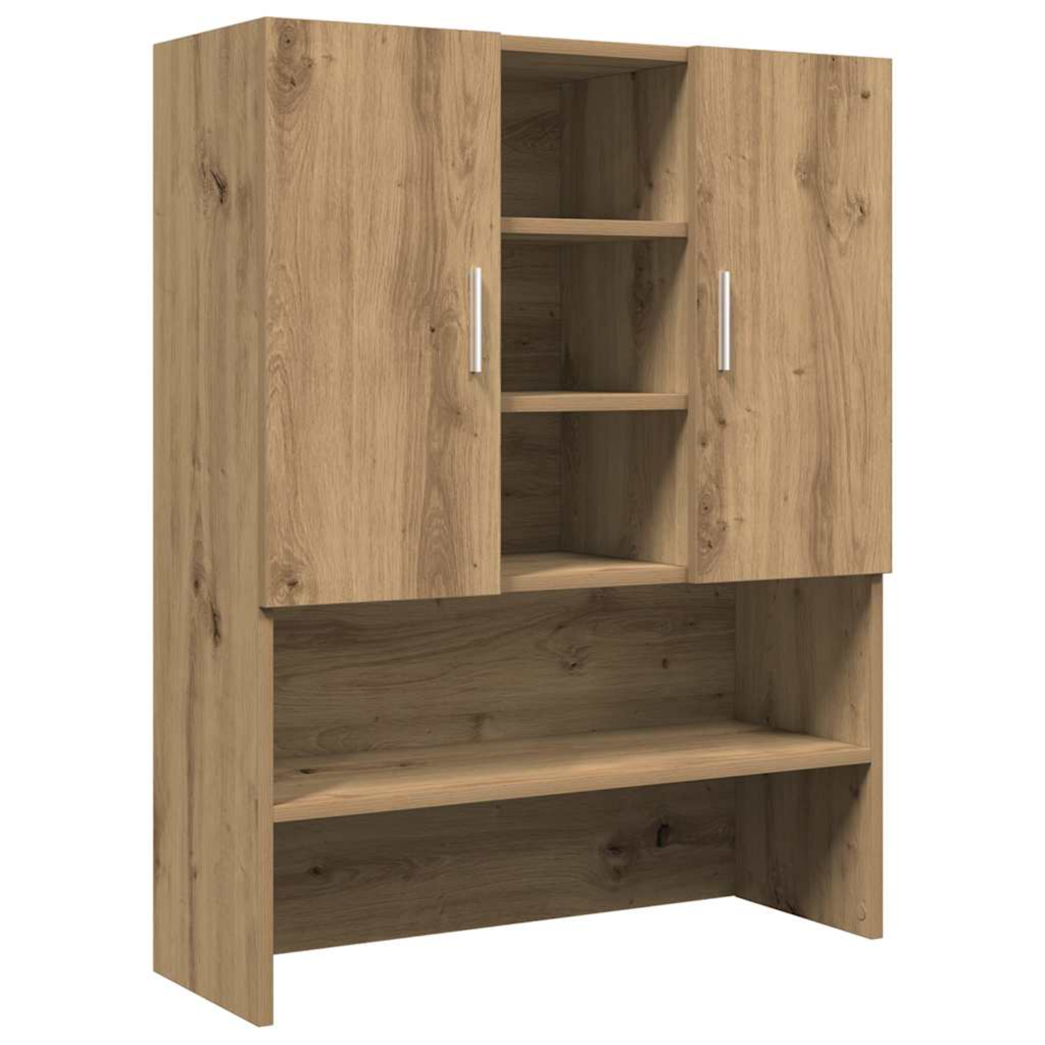 Holzschrank mit Regalen vor einer Wand, mit zwei geschlossenen Türen.
