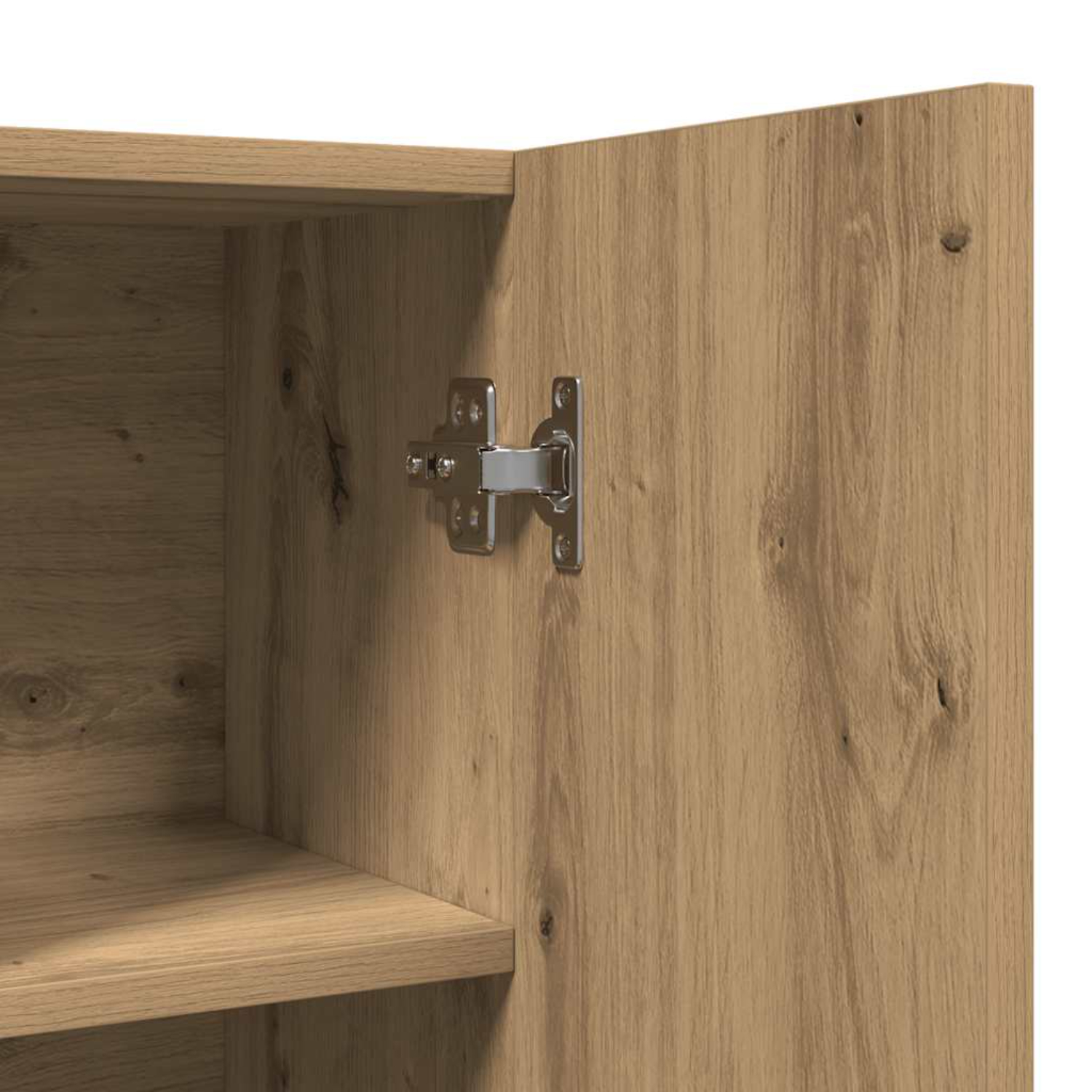 Nahaufnahme eines Scharniers aus Metall. Es ist am Holz des Schranks befestigt.