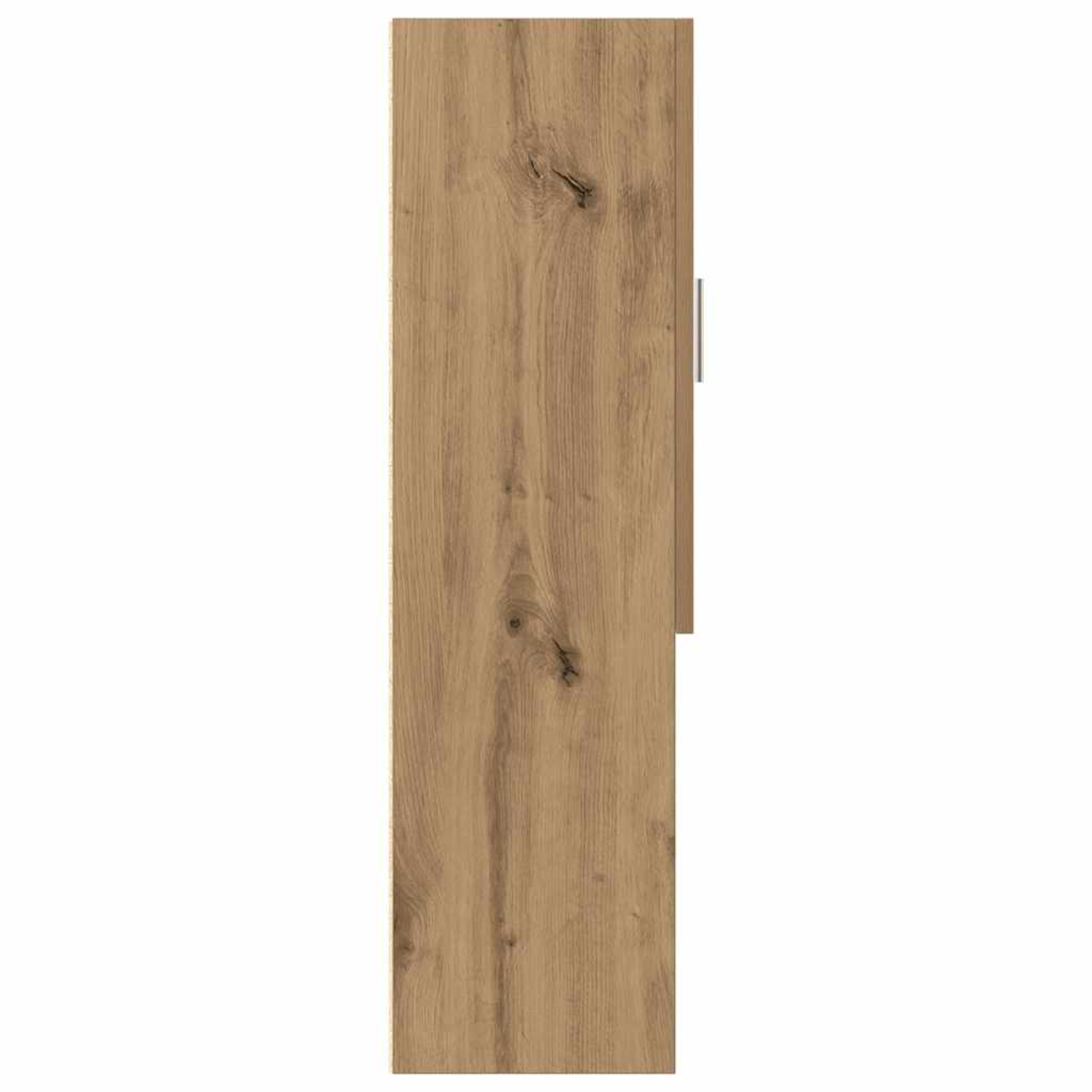 Seitenansicht eines Holzschranks mit sichtbarer Maserung, einem Griff und einer geschlossenen Tür.