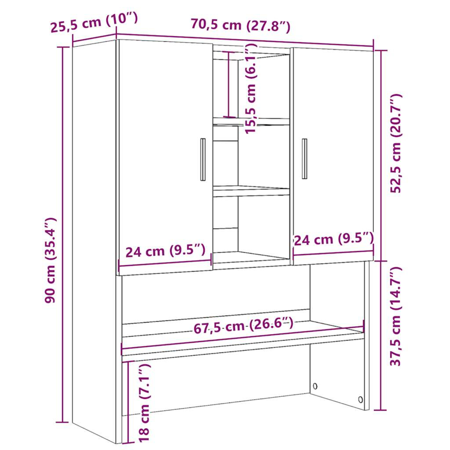 Weißer Schrank mit Schreibtisch. Maße sind angegeben. Oben zwei Türen. Schreibtisch mit Regal.