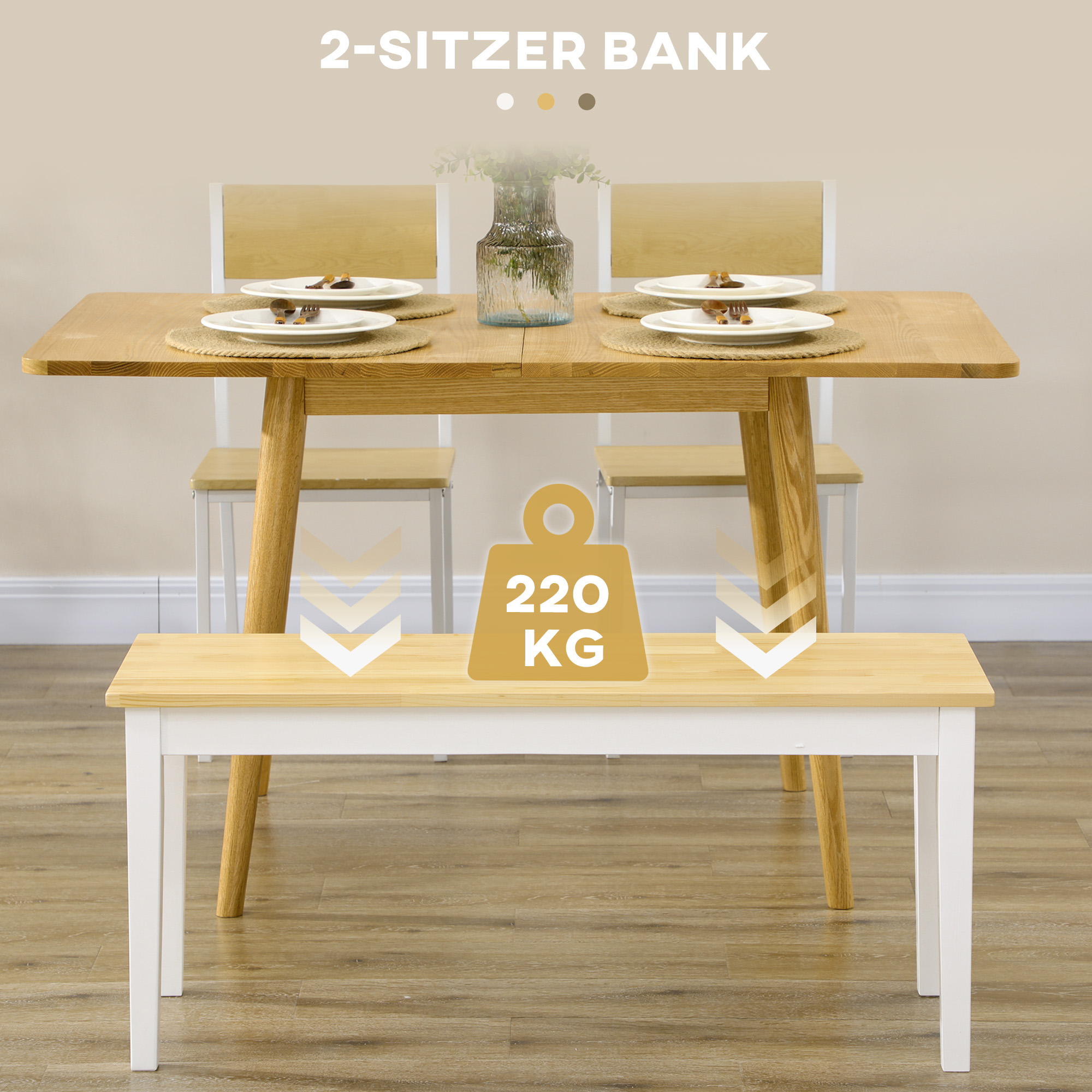 Holzbank mit weißem Rahmen; Text sagt 220 KG.