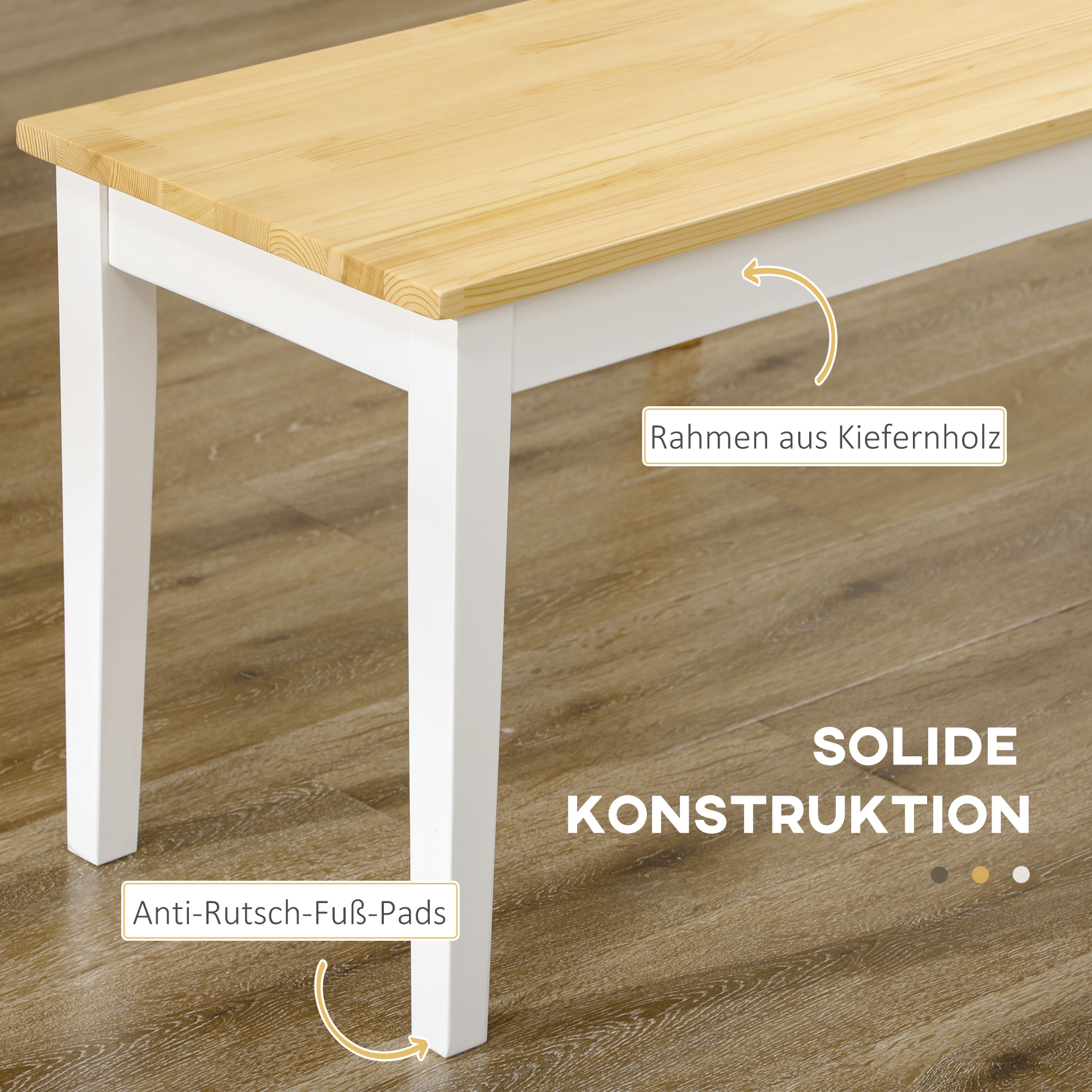 Nahaufnahme einer Holzbank mit weißen Beinen, die die Konstruktion zeigt.