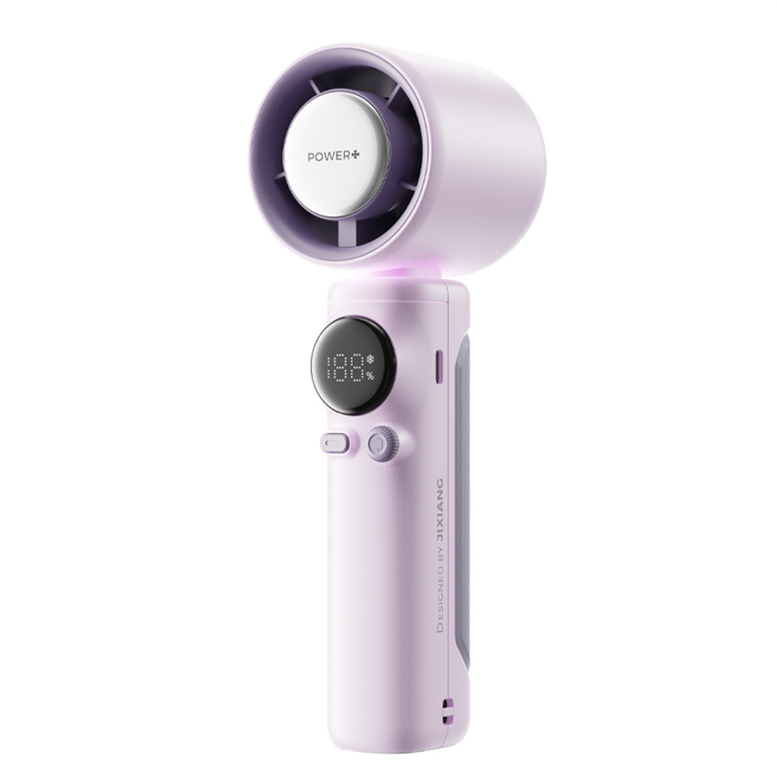 Handlicher lila Ventilator mit Digitalanzeige, die 100 % anzeigt. Weißer Knopf mit der Aufschrift POWER+.