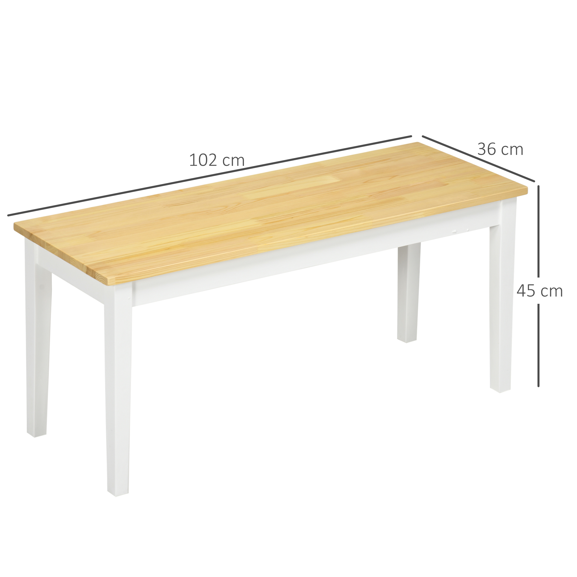 Ein weißer Tisch mit hellbrauner Holzplatte mit den Maßen 102 x 36 x 45 cm.