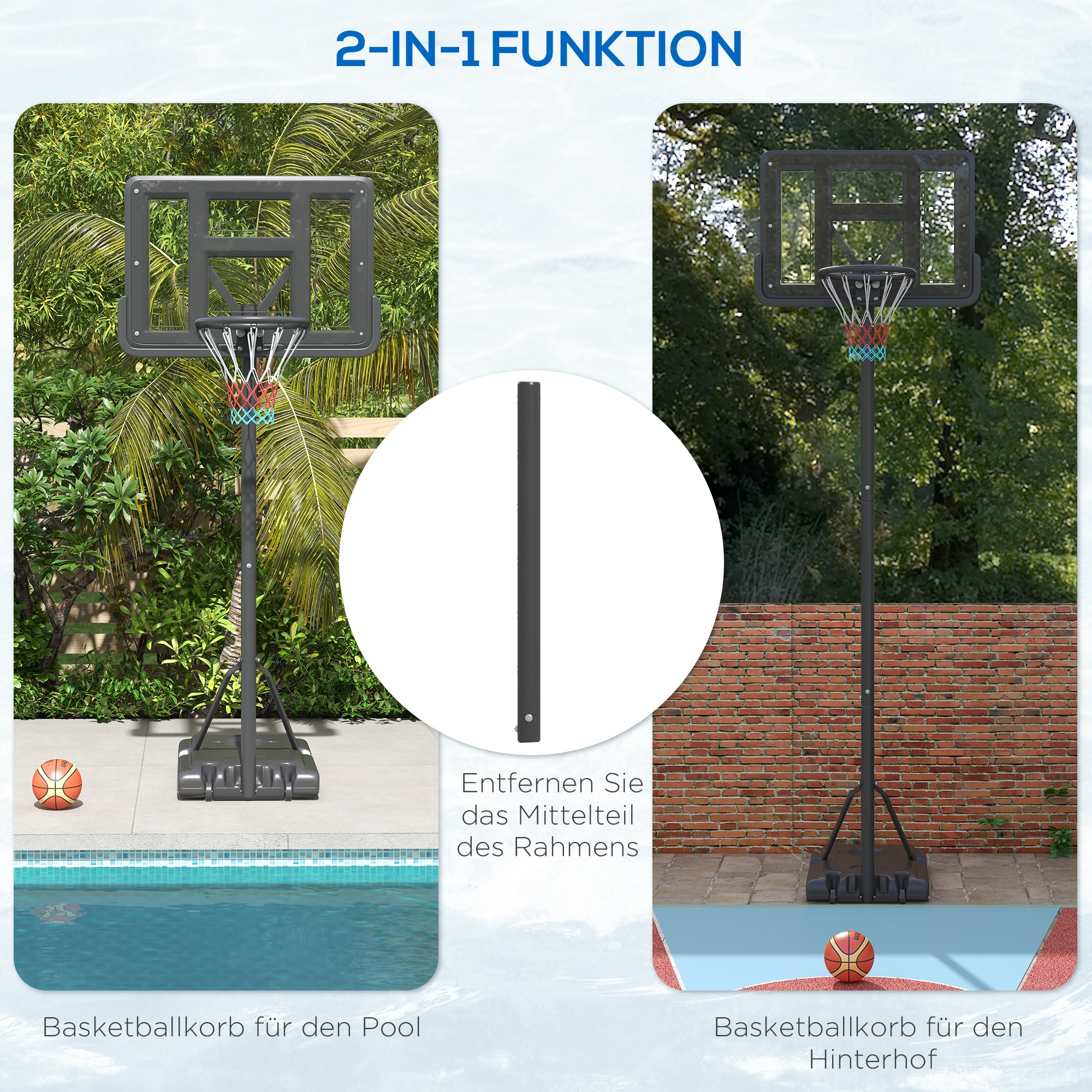 Zwei Basketballkörbe, einer für einen Pool und einer für den Hinterhof. Zeigt, wie der Korb verwendet werden kann.