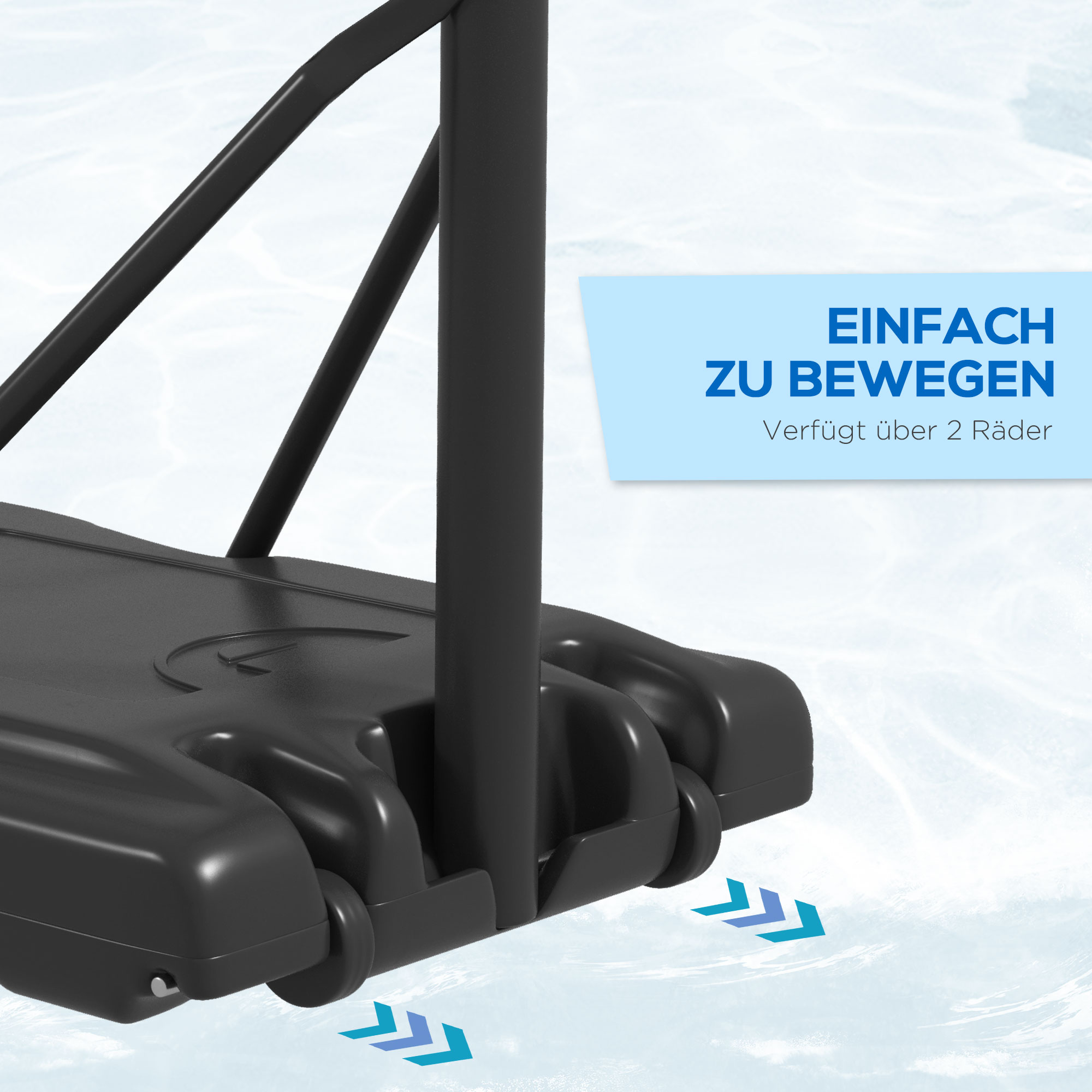 Schwarz-weiße Basis eines Pool-Basketballkorbs mit blauen Pfeilen, die die Bewegung anzeigen.