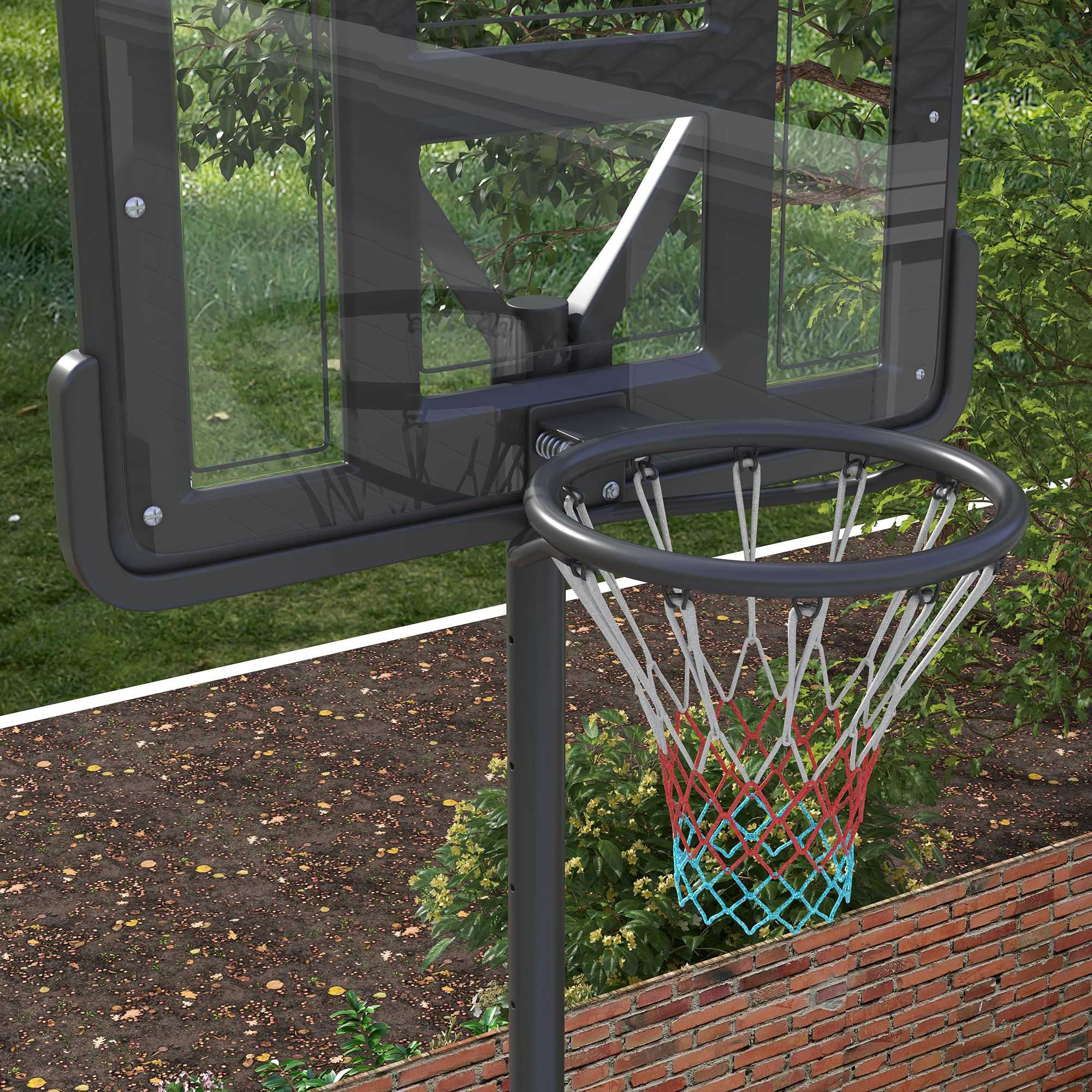 Basketballkorb mit schwarzem Rahmen, Glas-Rückwand und farbigem Netz, im Garten.