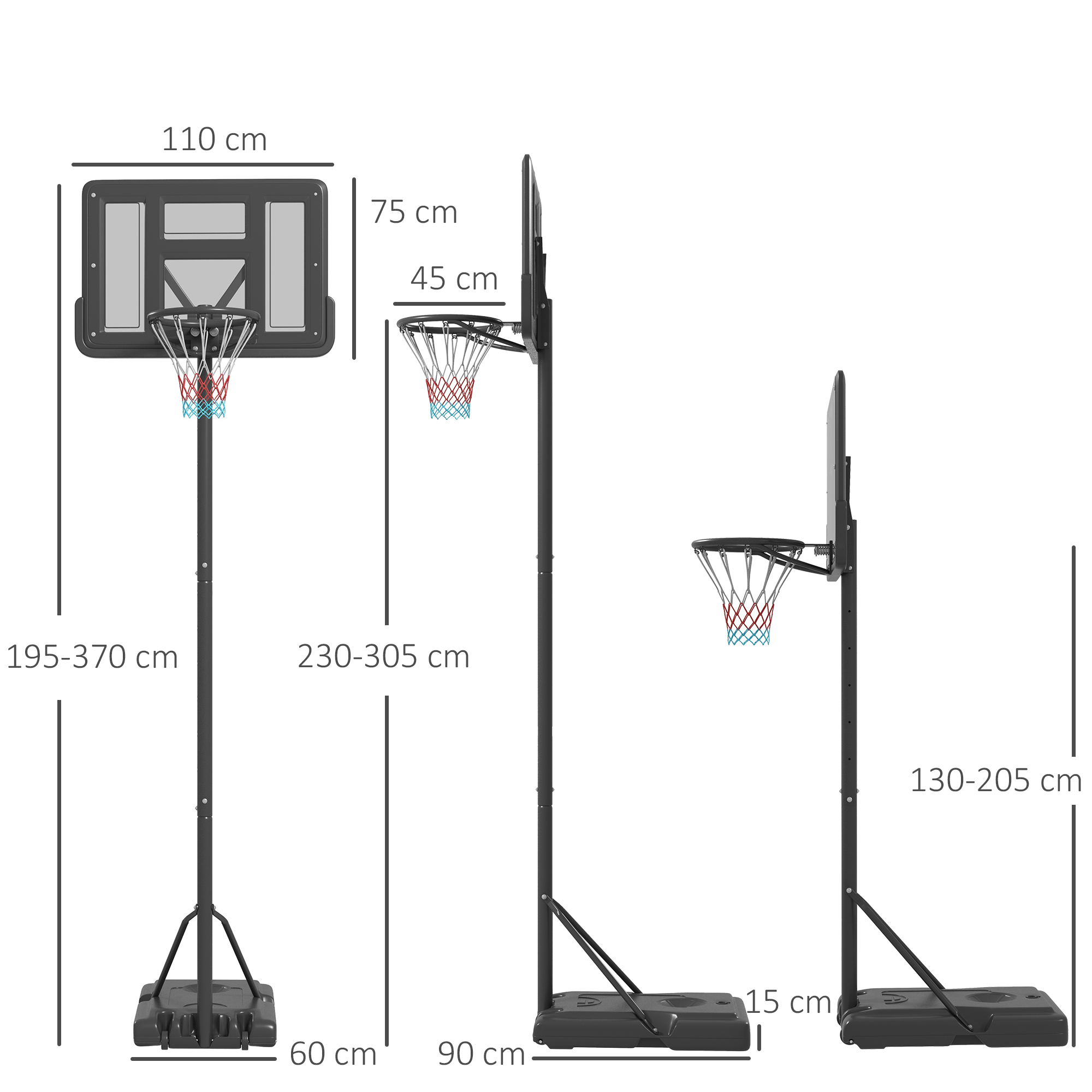 Drei Basketballkörbe in verschiedenen Größen, mit Höhen- und Breitenangaben.