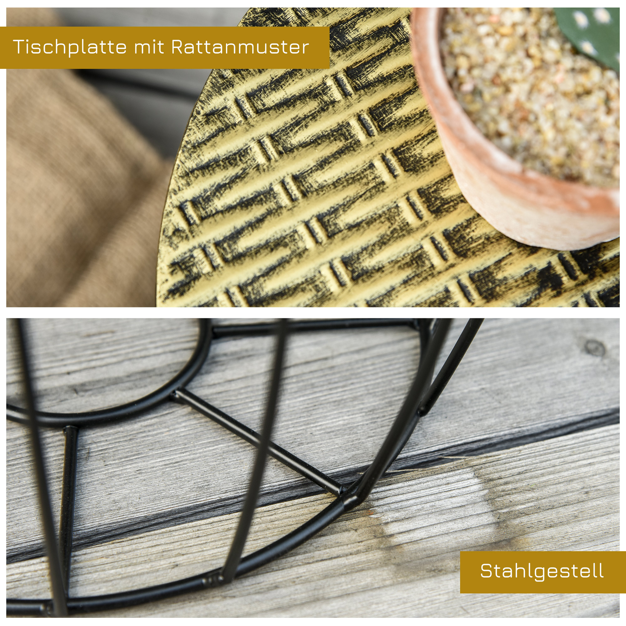 Nahaufnahme der Tischplatte mit Rattanmuster und einem Topf mit Kieselsteinen.