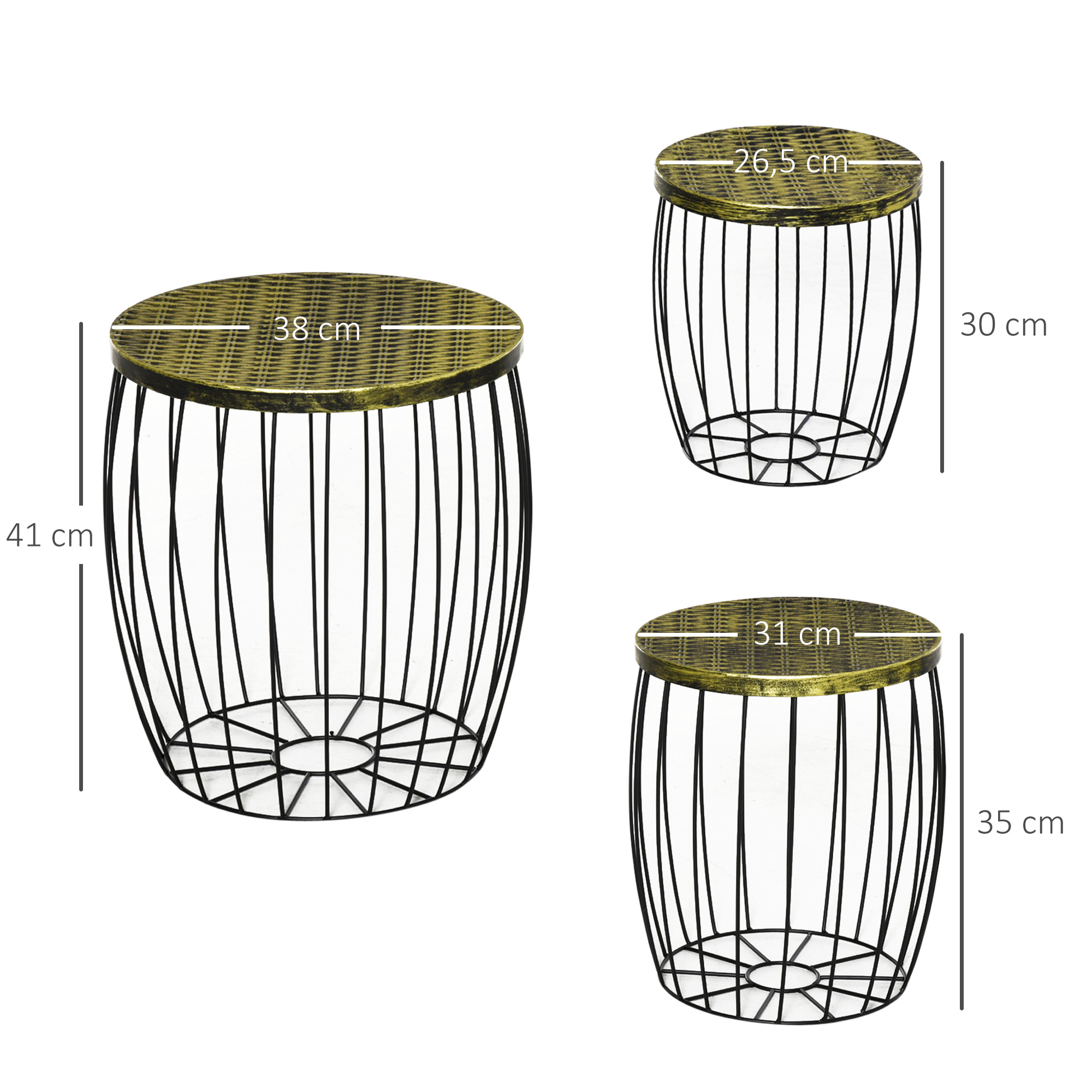 Abmessungen von drei schwarzen Metall-Beistelltischen mit goldfarbenen Oberflächen, auf weißem.