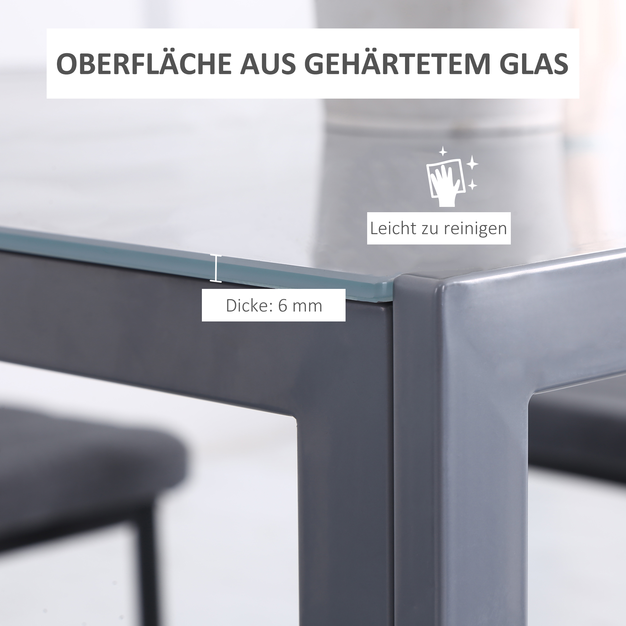 Nahaufnahme einer Glastischoberfläche mit 6 mm Dicke und Text 'Leicht zu reinigen'.
