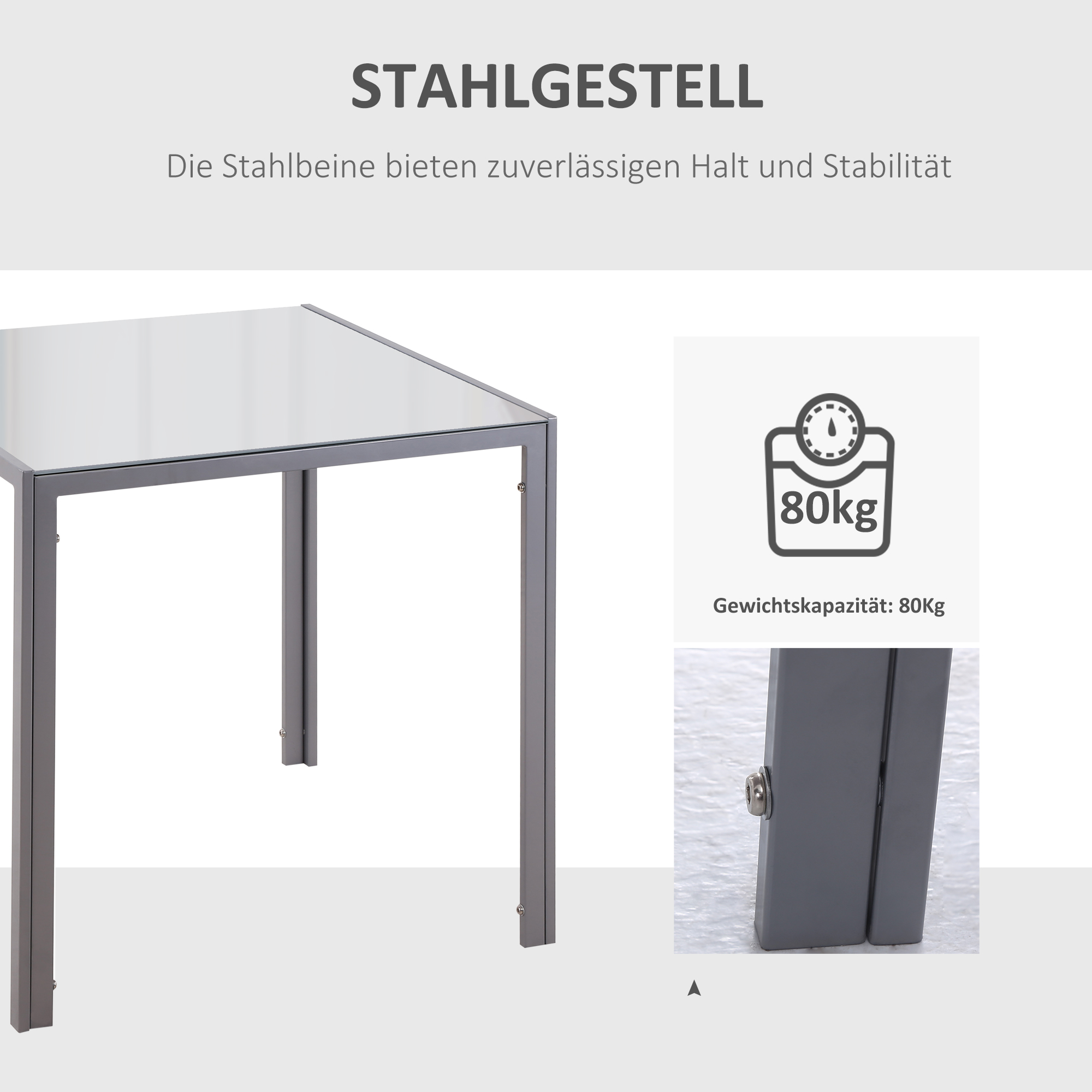 Ein Metalltisch mit Glasplatte und einer Tragfähigkeit von 80 kg, dargestellt in einem Bild.