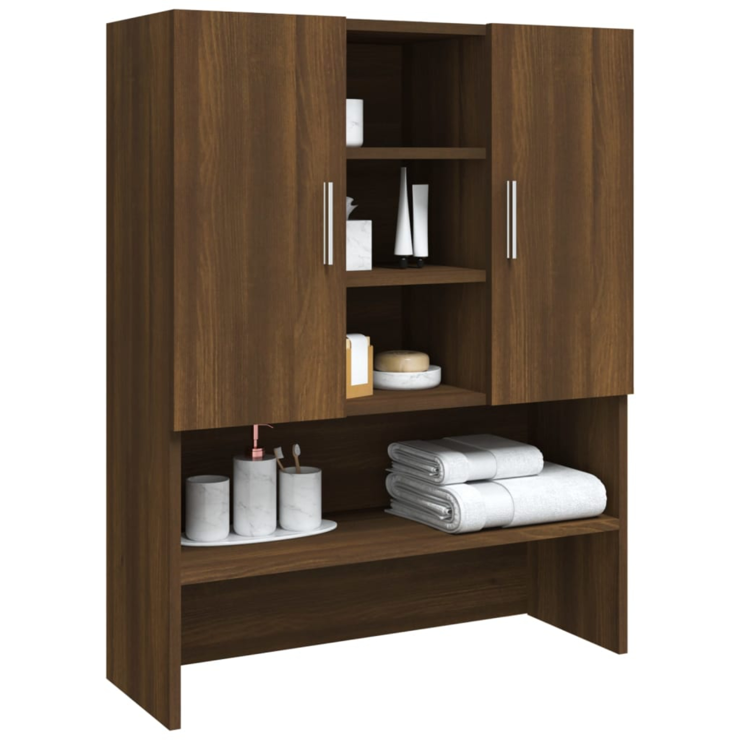 Ein dunkelbrauner Badezimmerschrank mit offenen Regalen und geschlossenen Türen.