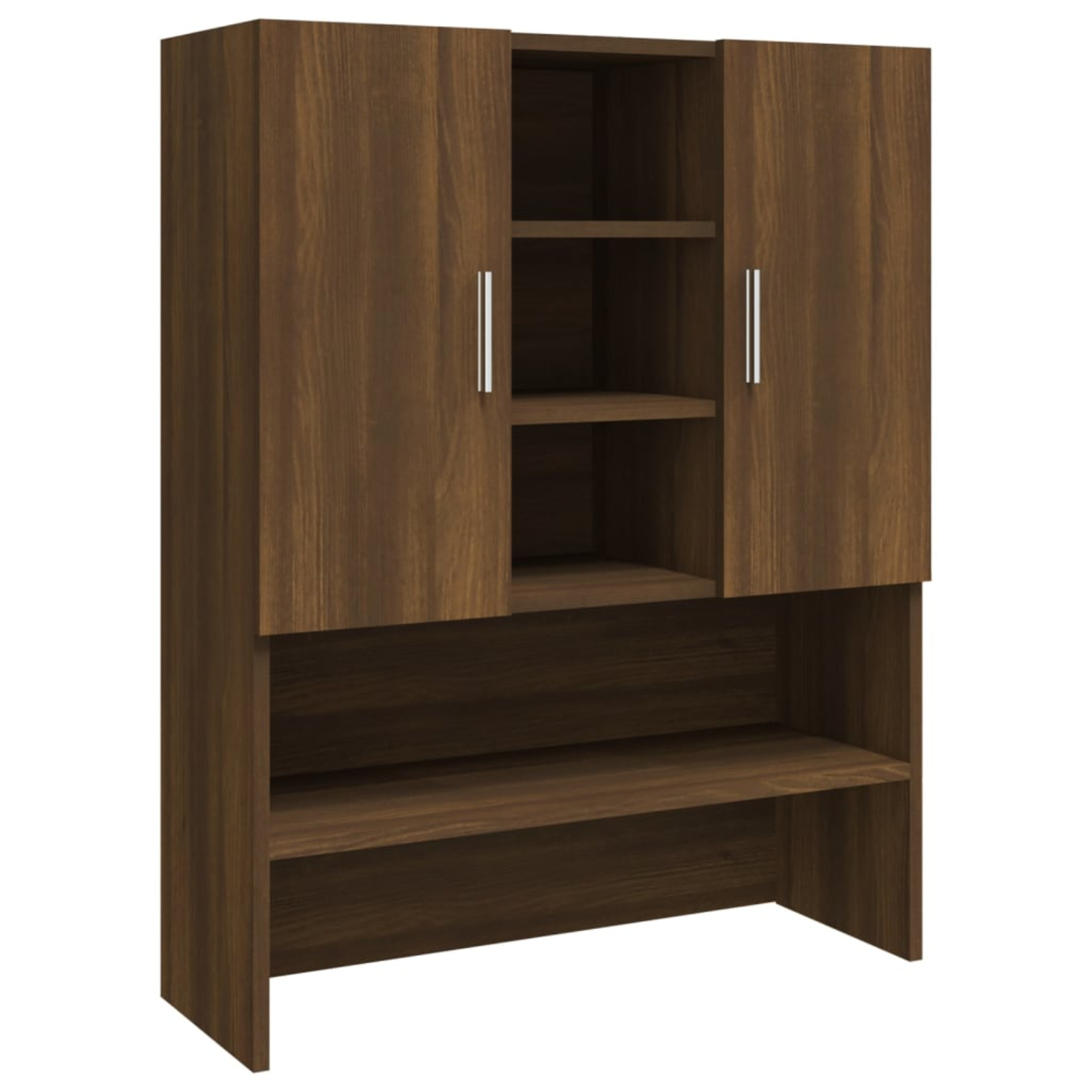 Ein brauner Holzschrank mit oberem und unterem Stauraum und Türen mit silbernen Griffen.
