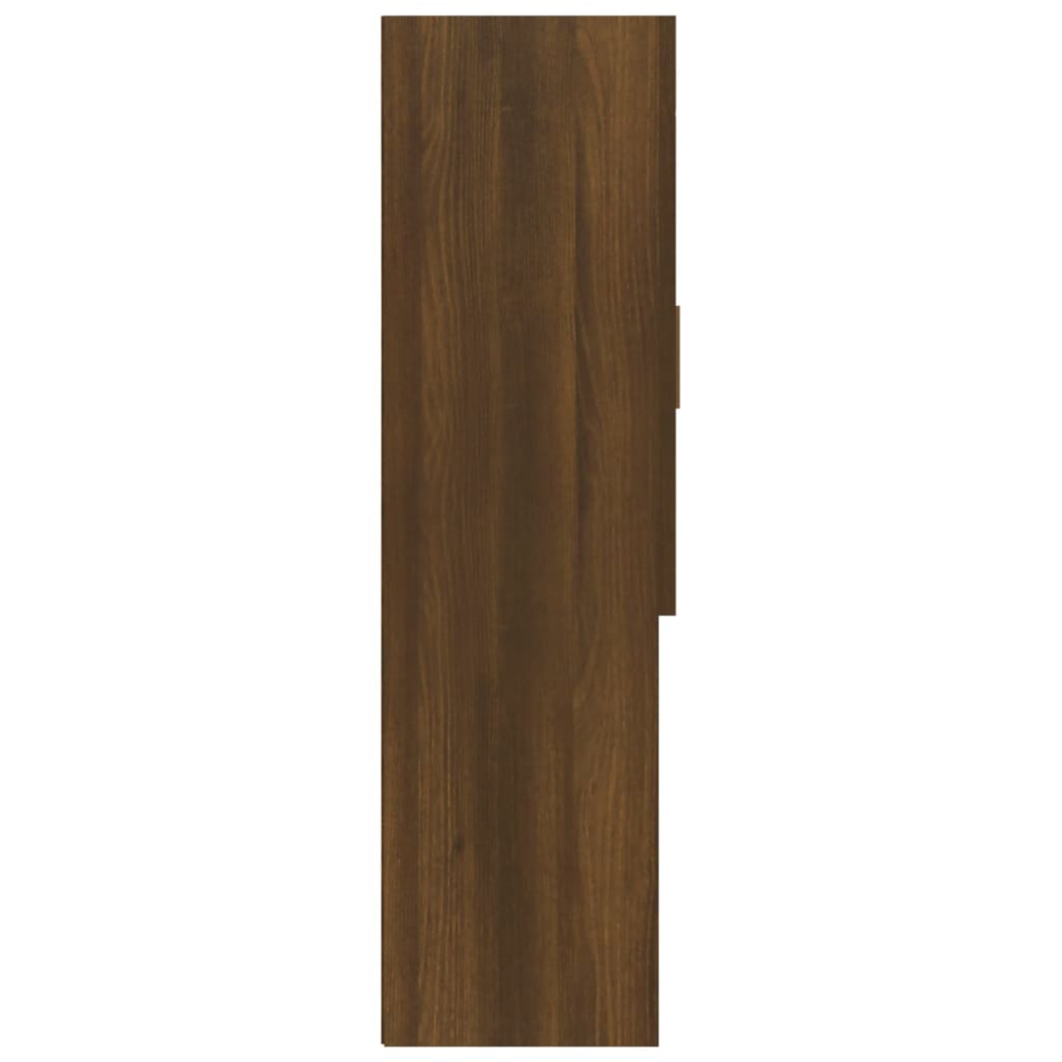 Ein hoher, brauner Holzschrank mit vertikalem Design und hellem Hintergrund.