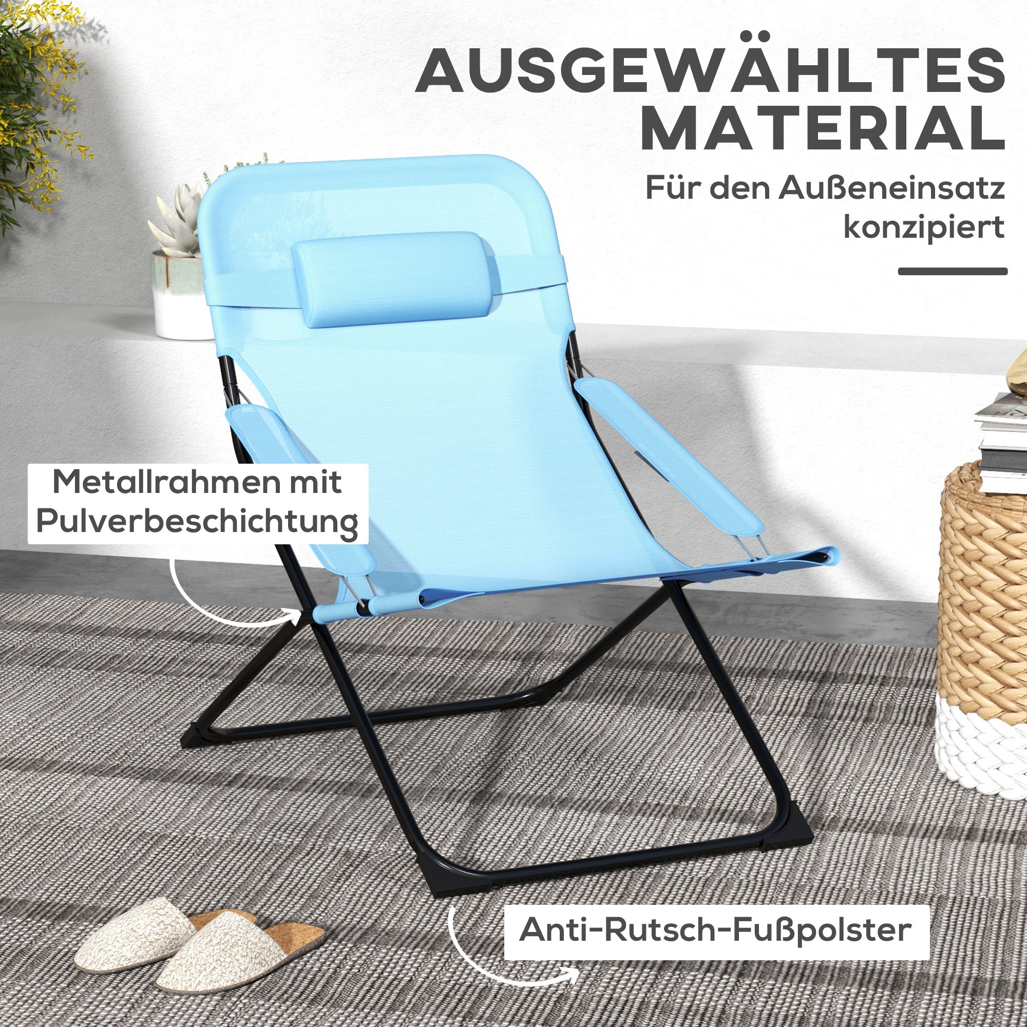 Ein blauer Klappstuhl mit Kopfstütze und schwarzem Rahmen. Textbeschriftungen auf Deutsch.